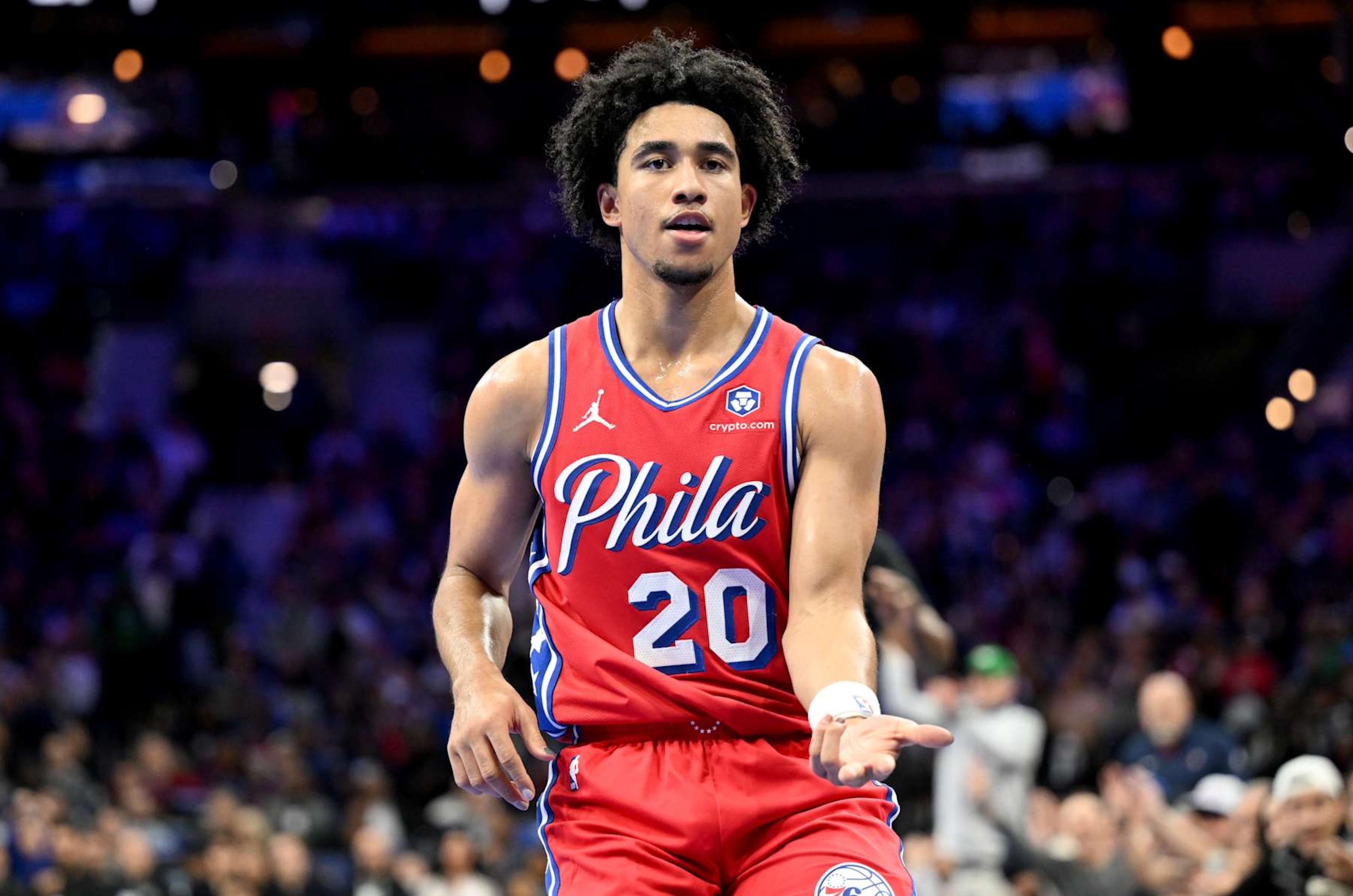 PHILADELPHIA, PENNSYLVANIA - NOVEMBER 22: Jared McCain #20 of the Philadelphia 76ers celebrates after scoring in the second quarter of the Emirates NBA Cup game against the Brooklyn Nets at the Wells Fargo Center on November 22, 2024 in Philadelphia, Pennsylvania. NOTE TO USER: User expressly acknowledges and agrees that, by downloading and or using this photograph, User is consenting to the terms and conditions of the Getty Images License Agreement. (Photo by G Fiume/Getty Images) PHILADELPHIA, PENNSYLVANIA - NOVEMBER 22: Jared McCain #20 of the Philadelphia 76ers celebrates after scoring in the second quarter of the Emirates NBA Cup game against the Brooklyn Nets at the Wells Fargo Center on November 22, 2024 in Philadelphia, Pennsylvania. NOTE TO USER: User expressly acknowledges and agrees that, by downloading and or using this photograph, User is consenting to the terms and conditions of the Getty Images License Agreement. (Photo by G Fiume/Getty Images)