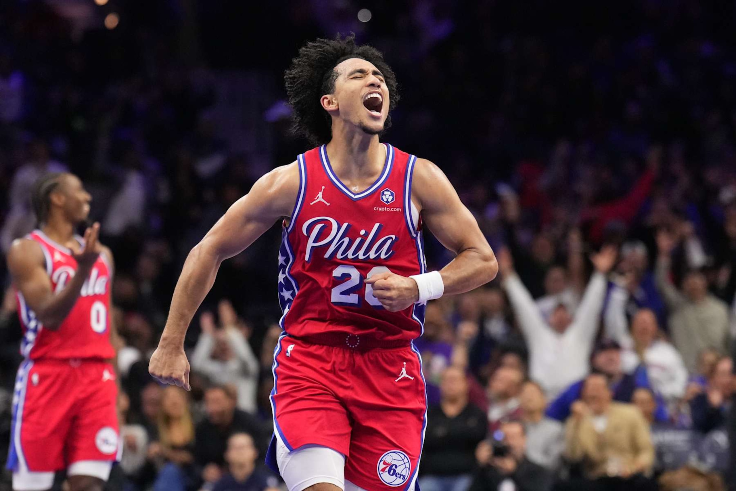 PHILADELPHIA, PA - NOVEMBER 22: Jared McCain #20 of the Philadelphia 76ers celebrates during the game against the Brooklyn Nets during the Emirates NBA Cup game on November 22, 2024 at the Wells Fargo Center in Philadelphia, Pennsylvania NOTE TO USER: User expressly acknowledges and agrees that, by downloading and/or using this Photograph, user is consenting to the terms and conditions of the Getty Images License Agreement. Mandatory Copyright Notice: Copyright 2024 NBAE (Photo by Jesse D. Garrabrant/NBAE via Getty Images)