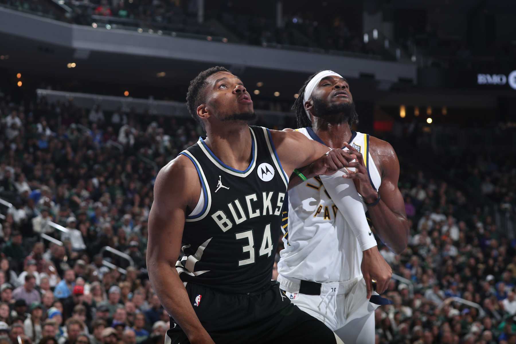MILWAUKEE, WI - NOVEMBER 22:  Giannis Antetokounmpo #34 of the Milwaukee Bucks boxes out during the game against the Indiana Pacers during a Emirates NBA Cup on November 22, 2024 at Fiserv Forum Center in Milwaukee, Wisconsin. NOTE TO USER: User expressly acknowledges and agrees that, by downloading and or using this Photograph, user is consenting to the terms and conditions of the Getty Images License Agreement. Mandatory Copyright Notice: Copyright 2024 NBAE (Photo by Gary Dineen/NBAE via Getty Images).