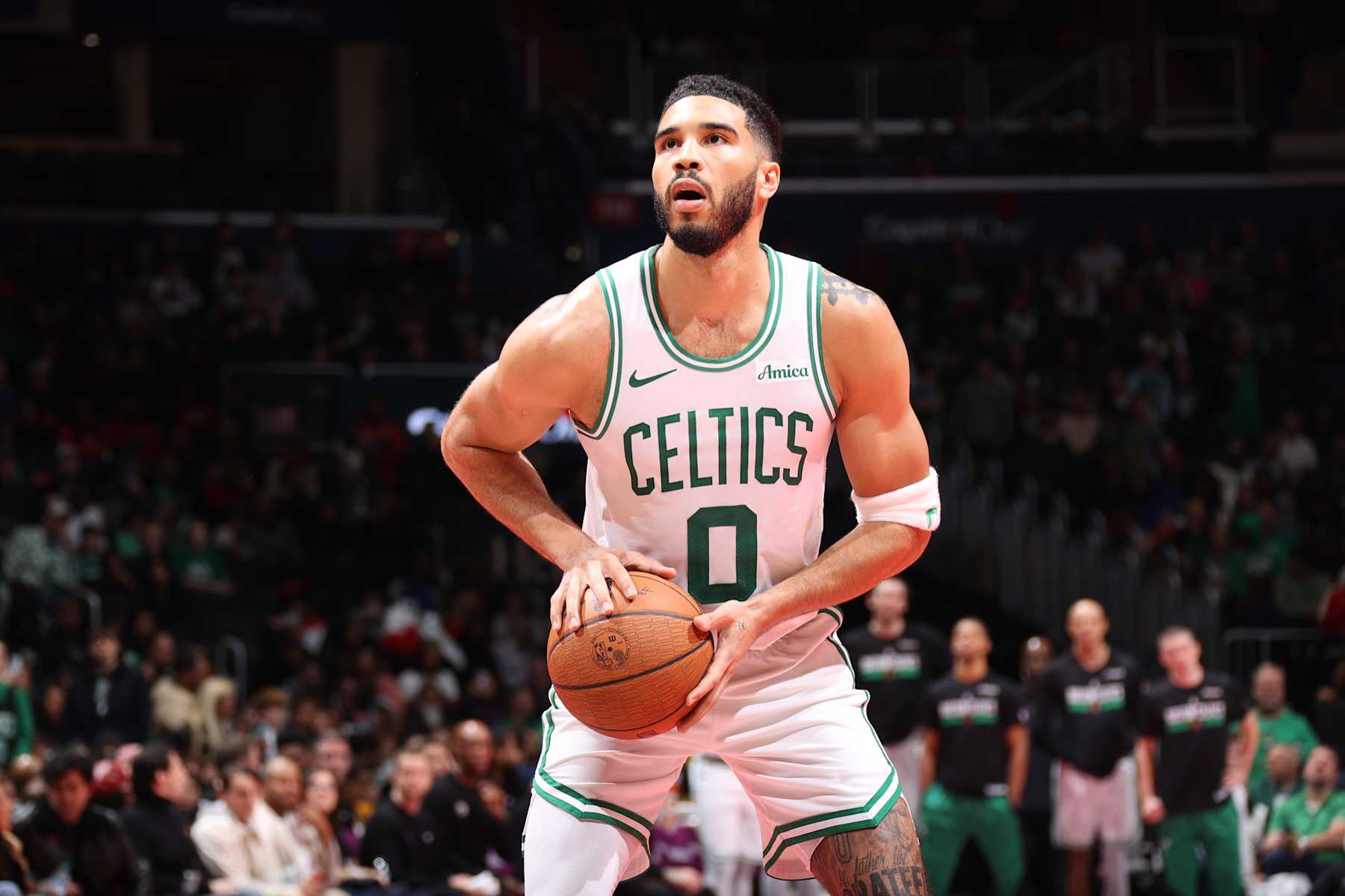 WASHINGTON, DC -  NOVEMBER 22: Jayson Tatum #0 of the Boston Celtics shoots a free throw during the game against the Washington Wizards during the Emirates NBA Cup game on November 22, 2024 at Capital One Arena in Washington, DC. NOTE TO USER: User expressly acknowledges and agrees that, by downloading and or using this Photograph, user is consenting to the terms and conditions of the Getty Images License Agreement. Mandatory Copyright Notice: Copyright 2024 NBAE (Photo by Stephen Gosling/NBAE via Getty Images)