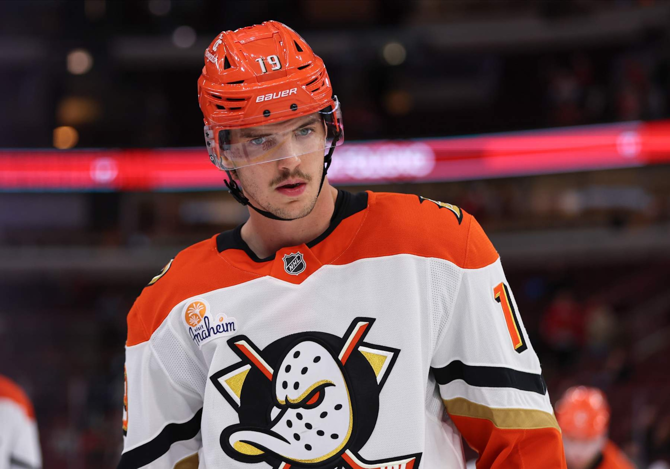 CHICAGO, IL - NOVEMBER 19: Troy Terry #19 of the Anaheim Ducks looks on prior to a game against the Chicago Blackhawks on November, 19, 2024 at the United Center in Chicago, Illinois. (Photo by Melissa Tamez/Icon Sportswire via Getty Images)
