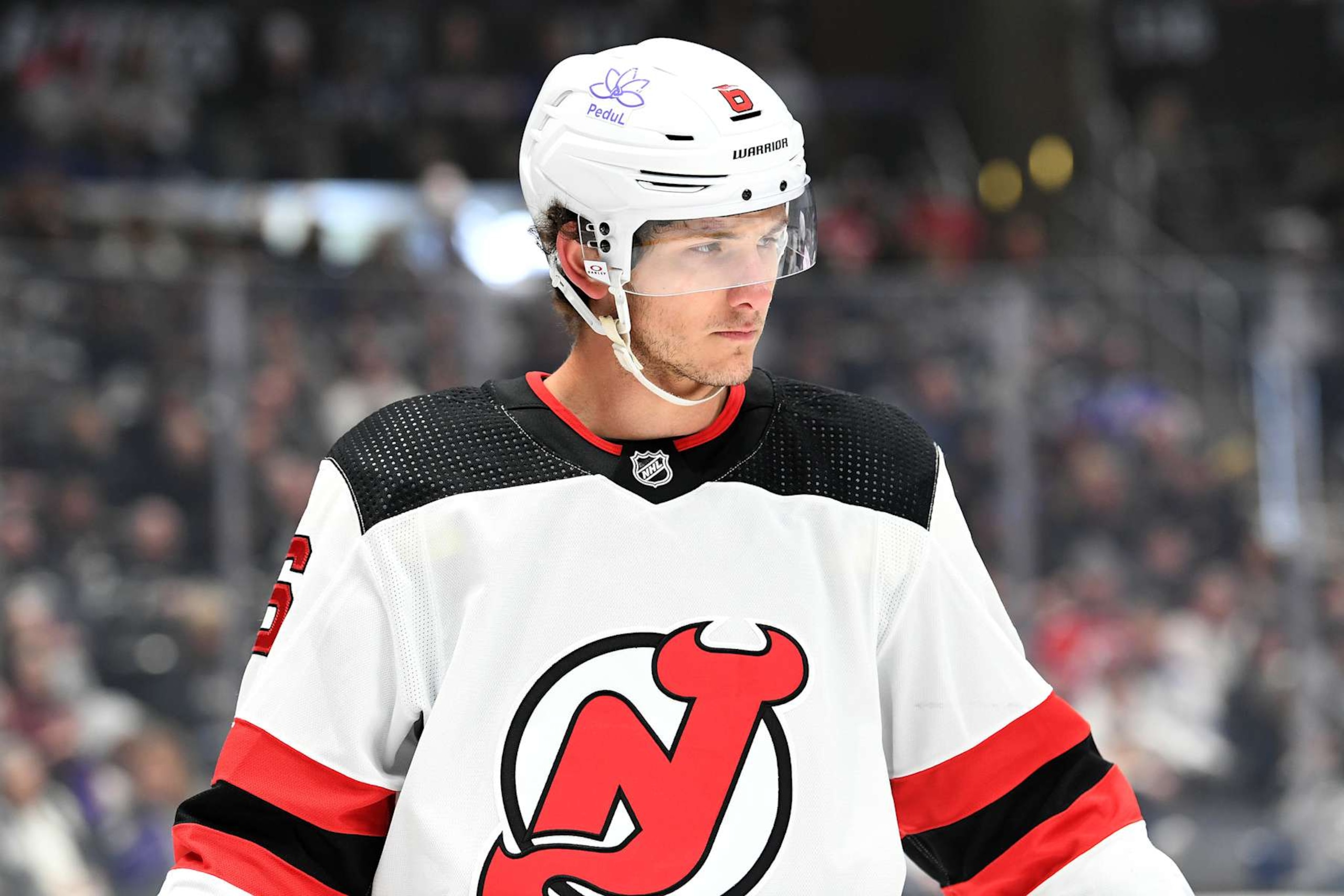 LOS ANGELES, CA - MARCH 03: New Jersey Devils Defenceman John Marino (6) during a game between the New Jersey Devil and the Los Angeles Kings on March 3rd, 2024 at the Crypto.com Arena in Los Angeles, CA.  (Photo by Rob Curtis/Icon Sportswire via Getty Images)
