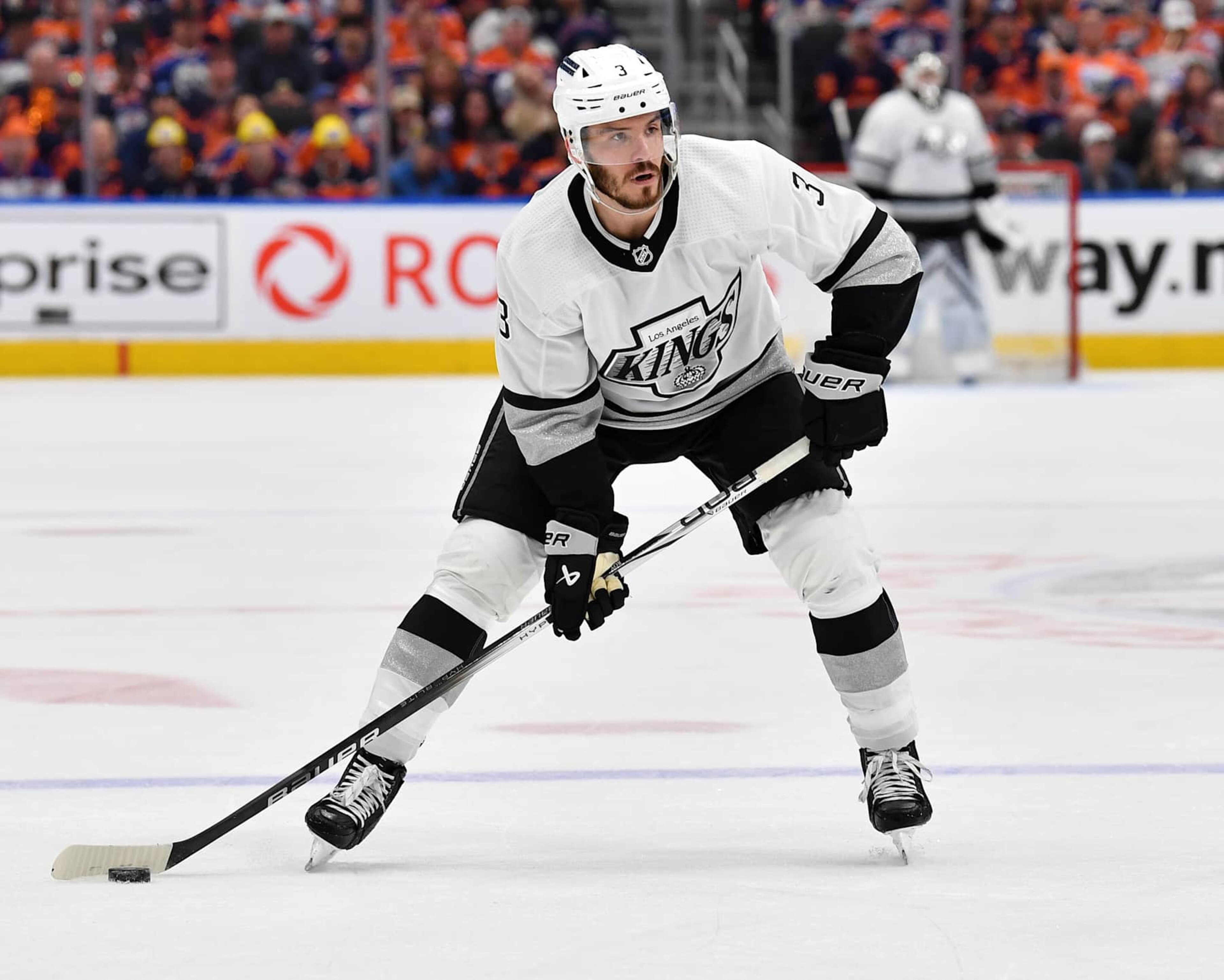 EDMONTON, CANADA - MAY 01: Matt Roy #3 of the Los Angeles Kings in action in Game Five of the First Round of the 2024 Stanley Cup Playoffs against the Edmonton Oilers at Rogers Place on May 1, 2024, in Edmonton, Alberta, Canada. (Photo by Andy Devlin/NHLI via Getty Images) EDMONTON, CANADA - MAY 01: Matt Roy #3 of the Los Angeles Kings in action in Game Five of the First Round of the 2024 Stanley Cup Playoffs against the Edmonton Oilers at Rogers Place on May 1, 2024, in Edmonton, Alberta, Canada. (Photo by Andy Devlin/NHLI via Getty Images)