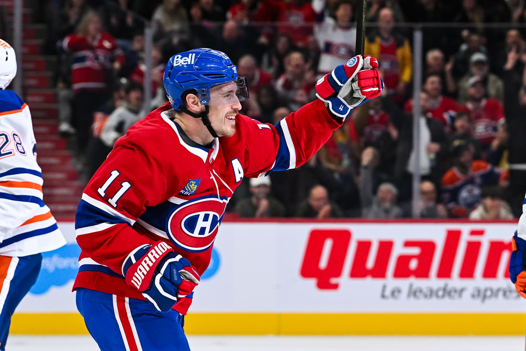 MONTREAL, QC - NOVEMBER 18: Montreal Canadiens right wing Brendan Gallagher (11) reacts after scoring a goal during the Edmonton Oilers versus the Montreal Canadiens game on November 18, 2024, at Bell Centre in Montreal, QC (Photo by David Kirouac/Icon Sportswire via Getty Images)