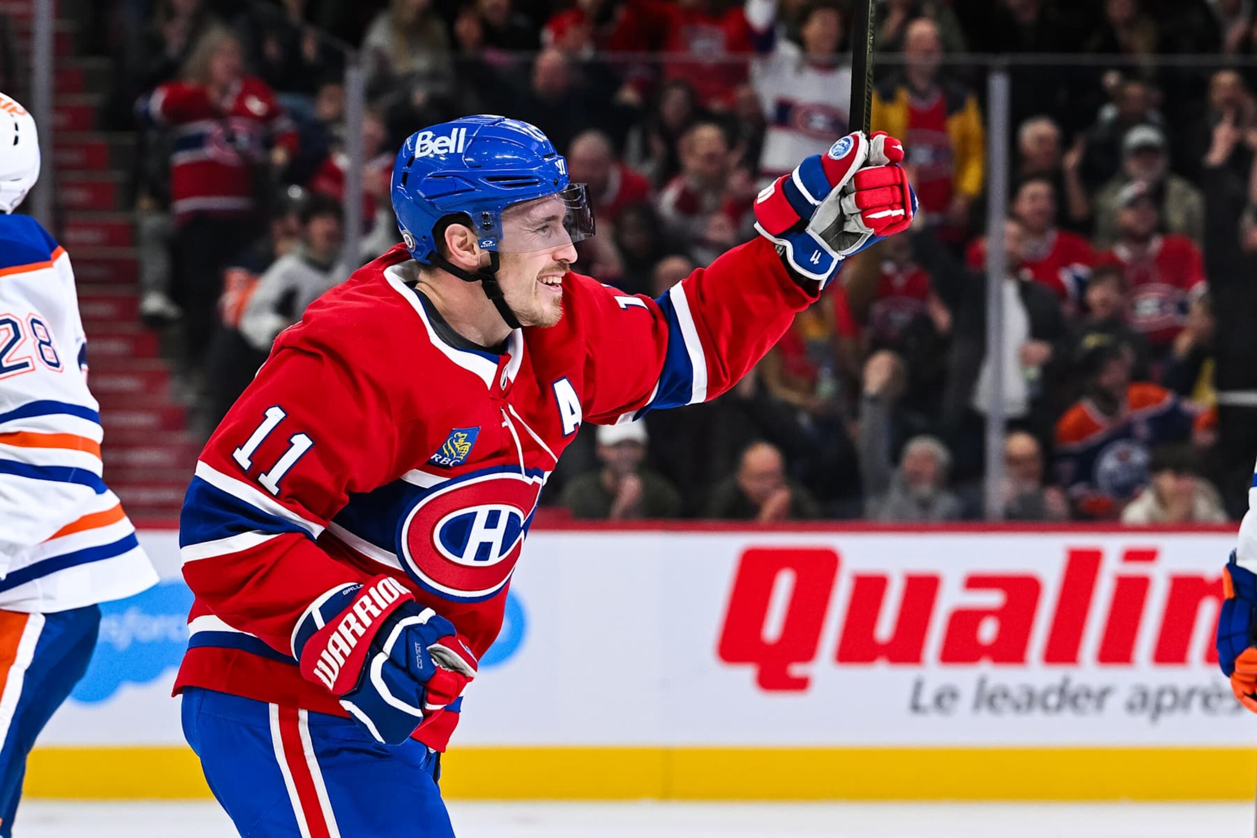 MONTREAL, QC - NOVEMBER 18: Montreal Canadiens right wing Brendan Gallagher (11) reacts after scoring a goal during the Edmonton Oilers versus the Montreal Canadiens game on November 18, 2024, at Bell Centre in Montreal, QC (Photo by David Kirouac/Icon Sportswire via Getty Images)