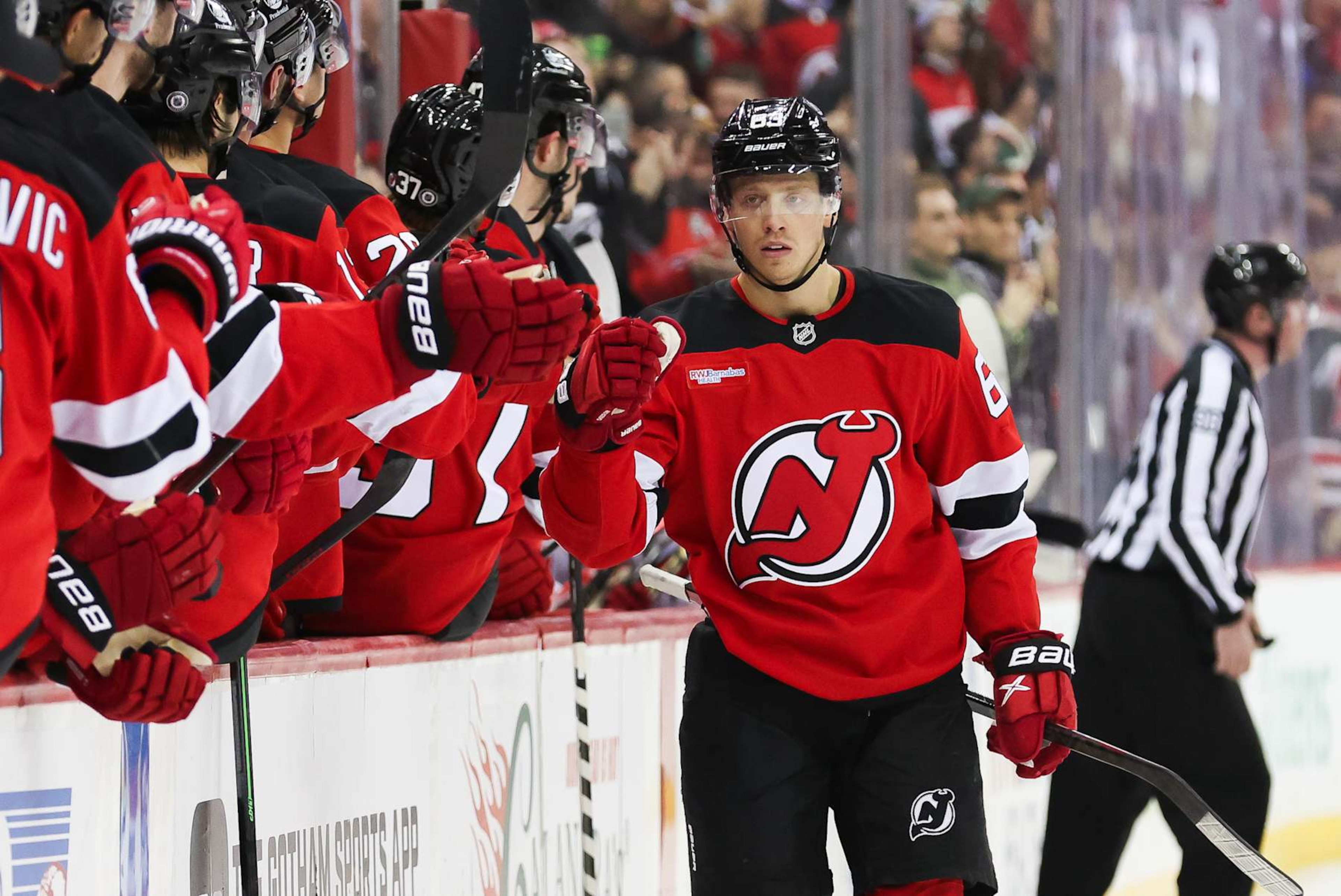 NEWARK, NEW JERSEY - NOVEMBER 21: Jesper Bratt #63 of the New Jersey Devils celebrates after scoring a goal during the first period of a NHL game against the Carolina Hurricanes at Prudential Center on November 21, 2024 in Newark, New Jersey. (Photo by Andrew Mordzynski/Getty Images) NEWARK, NEW JERSEY - NOVEMBER 21: Jesper Bratt #63 of the New Jersey Devils celebrates after scoring a goal during the first period of a NHL game against the Carolina Hurricanes at Prudential Center on November 21, 2024 in Newark, New Jersey. (Photo by Andrew Mordzynski/Getty Images)