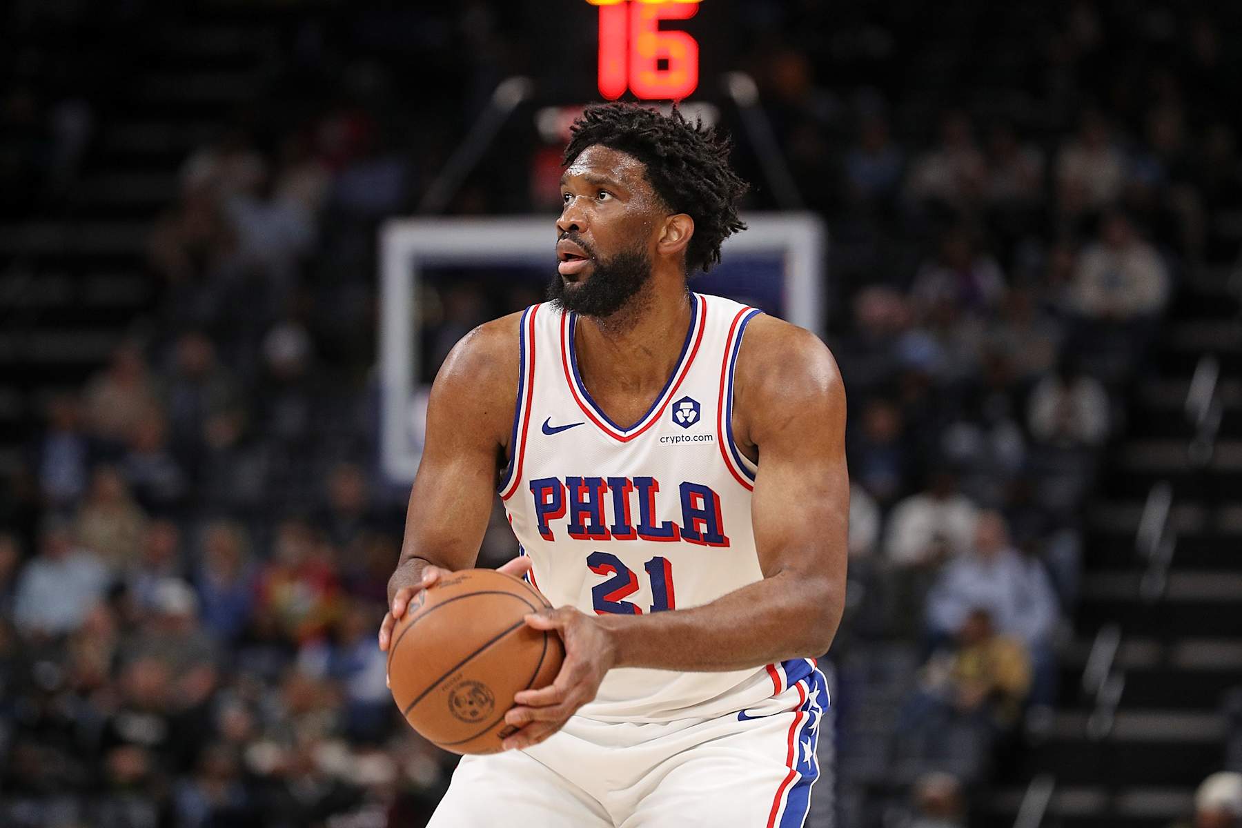 MEMPHIS, TENNESSEE - NOVEMBER 20: Joel Embiid #21 of the Philadelphia 76ers looks to shoot during the first half against the Memphis Grizzlies at FedExForum on November 20, 2024 in Memphis, Tennessee. NOTE TO USER: User expressly acknowledges and agrees that, by downloading and or using this photograph, User is consenting to the terms and conditions of the Getty Images License Agreement. (Photo by Justin Ford/Getty Images)