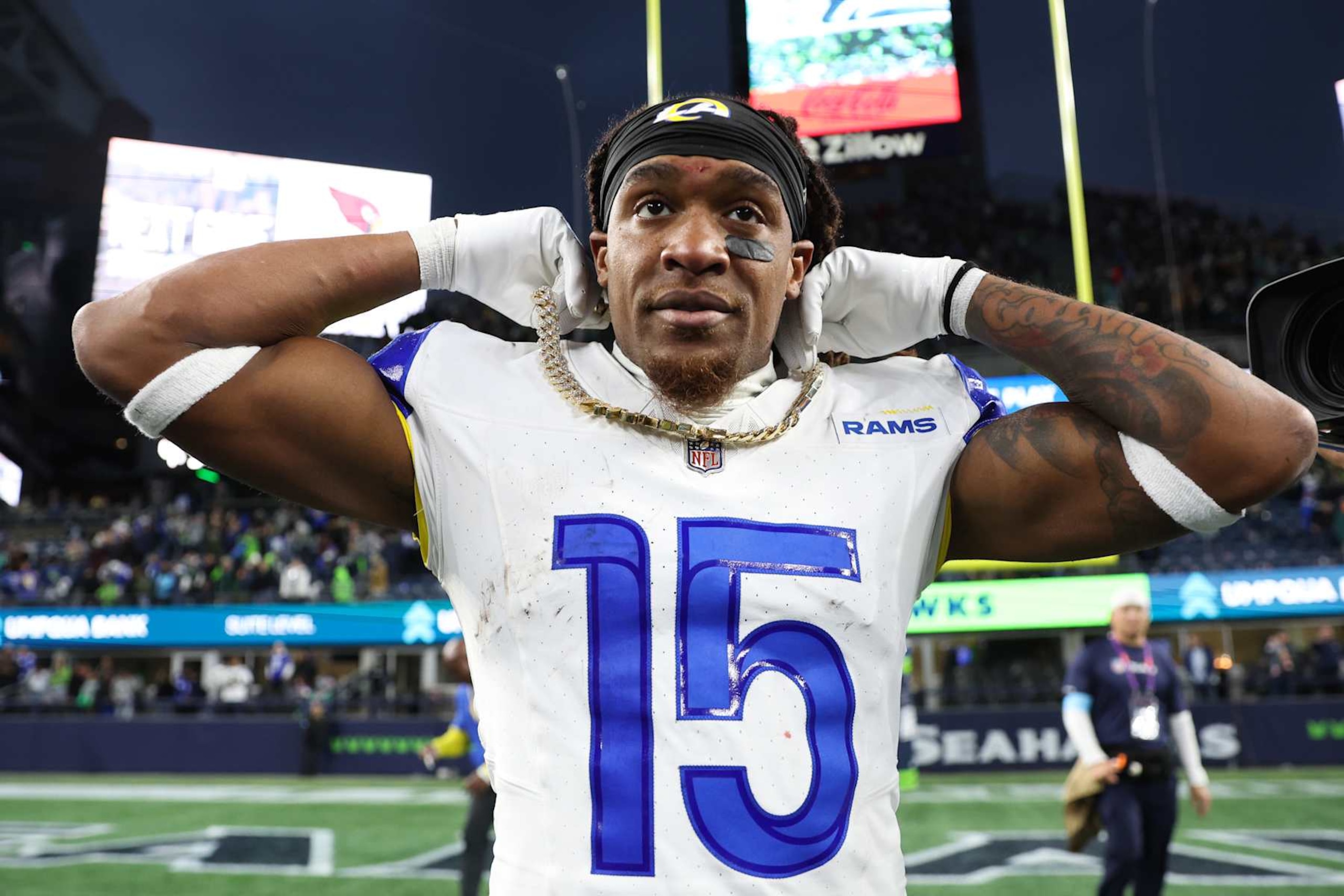 SEATTLE, WASHINGTON - NOVEMBER 03: Demarcus Robinson #15 of the Los Angeles Rams celebrates after catching the game-winning touchdown to beat the Seattle Seahawks 26-20 in overtime  at Lumen Field on November 03, 2024 in Seattle, Washington. (Photo by Steph Chambers/Getty Images)