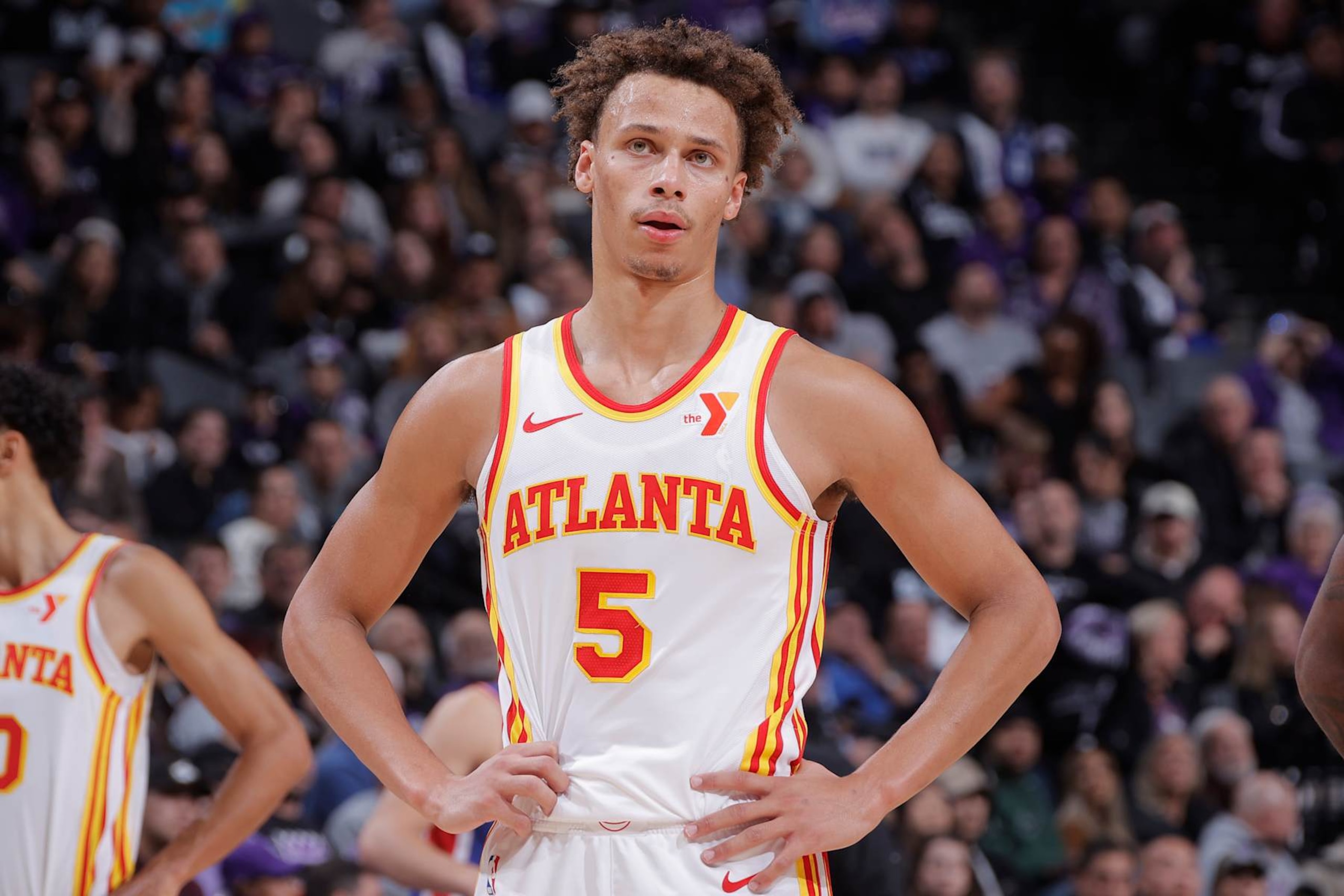 SACRAMENTO, CA - NOVEMBER 18: Dyson Daniels #5 of the Atlanta Hawks looks on during the game against the Sacramento Kings on November 18, 2024 at Golden 1 Center in Sacramento, California. NOTE TO USER: User expressly acknowledges and agrees that, by downloading and or using this Photograph, user is consenting to the terms and conditions of the Getty Images License Agreement. Mandatory Copyright Notice: Copyright 2024 NBAE (Photo by Rocky Widner/NBAE via Getty Images) SACRAMENTO, CA - NOVEMBER 18: Dyson Daniels #5 of the Atlanta Hawks looks on during the game against the Sacramento Kings on November 18, 2024 at Golden 1 Center in Sacramento, California. NOTE TO USER: User expressly acknowledges and agrees that, by downloading and or using this Photograph, user is consenting to the terms and conditions of the Getty Images License Agreement. Mandatory Copyright Notice: Copyright 2024 NBAE (Photo by Rocky Widner/NBAE via Getty Images)