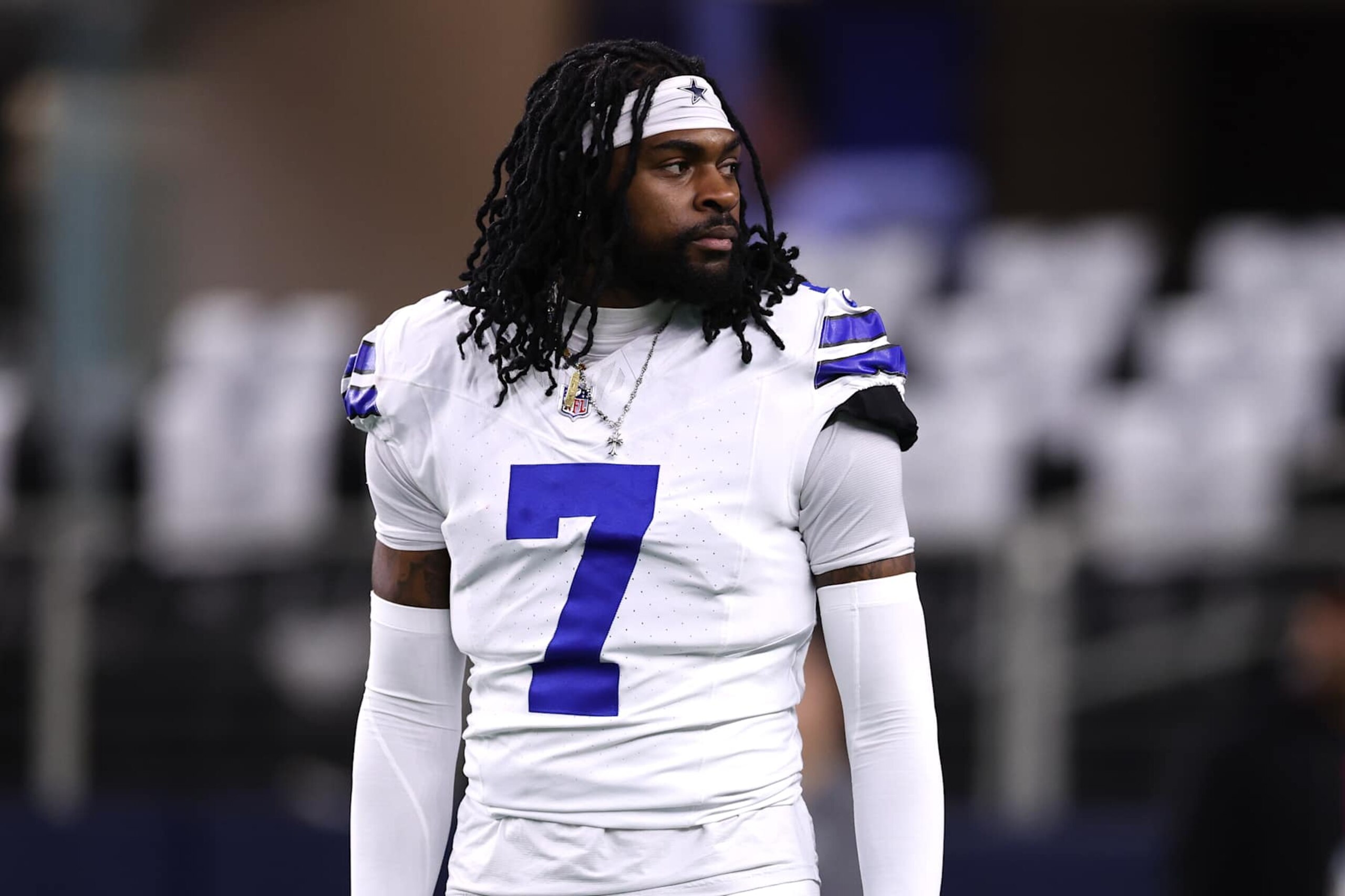 ARLINGTON, TEXAS - NOVEMBER 18: Trevon Diggs #7 of the Dallas Cowboys looks on before a game \H at AT&T Stadium on November 18, 2024 in Arlington, Texas. (Photo by Sam Hodde/Getty Images)