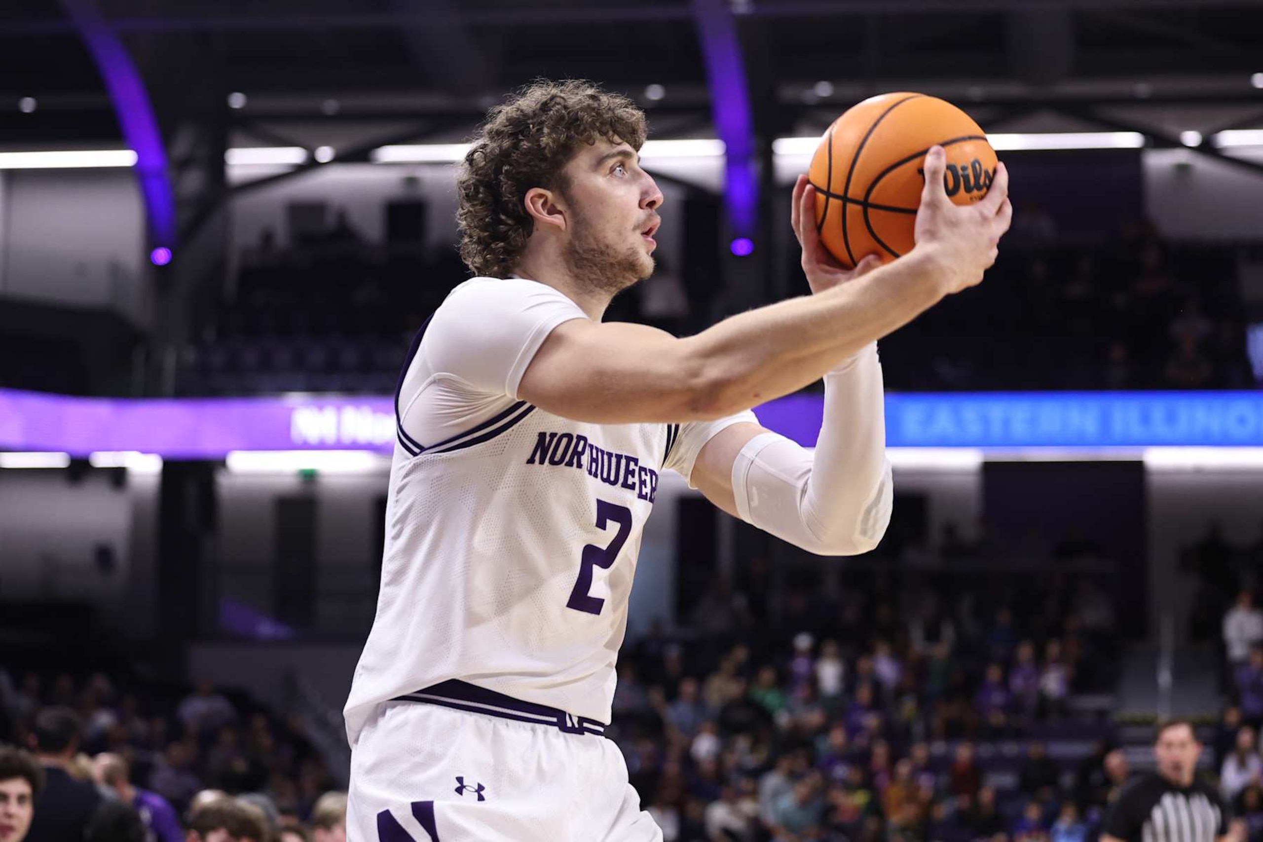 EVANSTON, ILLINOIS - NOVEMBER 15: Nick Martinelli #2 of the Northwestern Wildcats take a shot during the first half against the Eastern Illinois Panthers at Welsh-Ryan Arena on November 15, 2024 in Evanston, Illinois. (Photo by Geoff Stellfox/Getty Images) EVANSTON, ILLINOIS - NOVEMBER 15: Nick Martinelli #2 of the Northwestern Wildcats take a shot during the first half against the Eastern Illinois Panthers at Welsh-Ryan Arena on November 15, 2024 in Evanston, Illinois. (Photo by Geoff Stellfox/Getty Images)