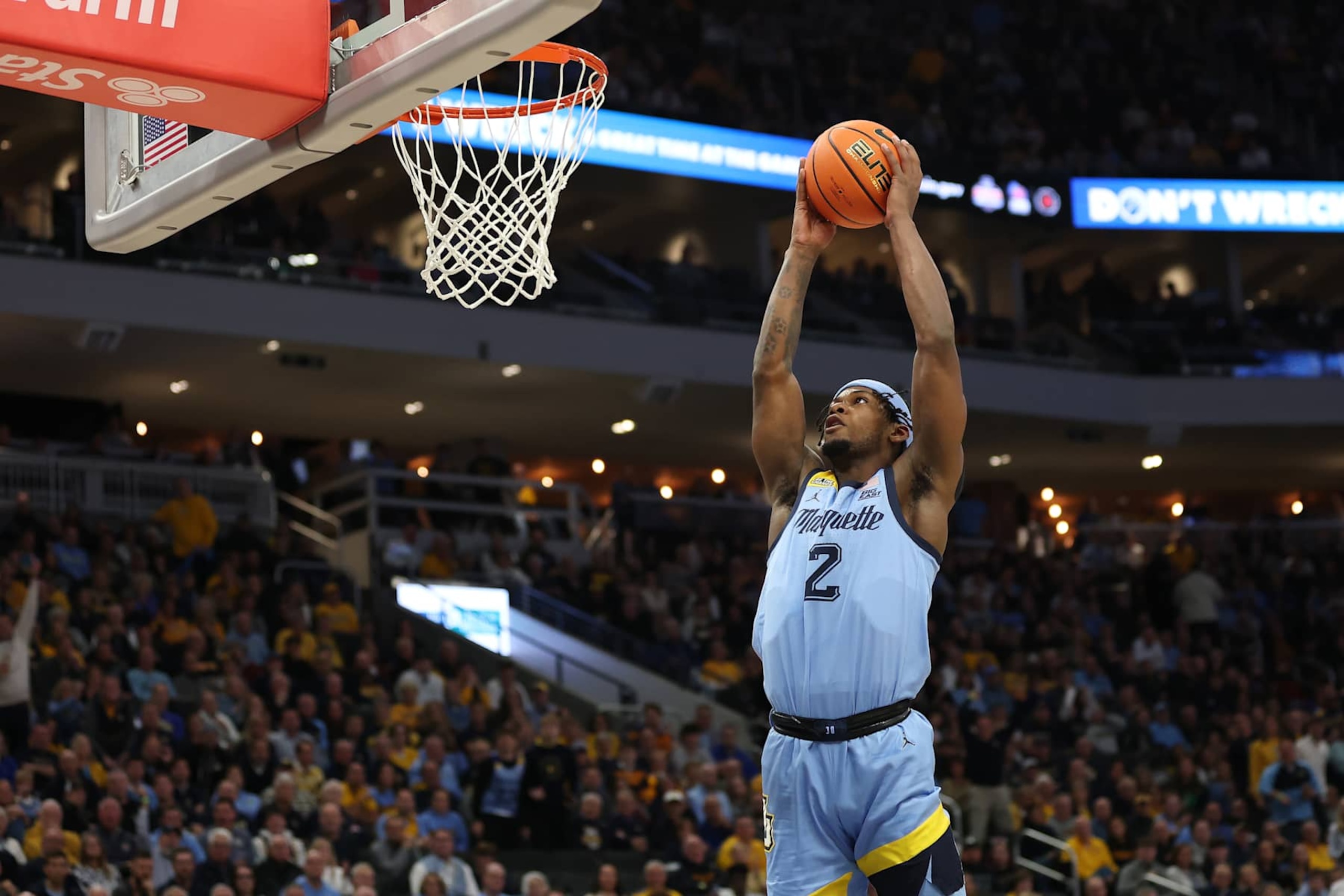MILWAUKEE, WISCONSIN - NOVEMBER 19: Chase Ross #2 of the Marquette Golden Eagles dunks against the Purdue Boilermakers during a game at Fiserv Forum on November 19, 2024 in Milwaukee, Wisconsin. (Photo by Stacy Revere/Getty Images) MILWAUKEE, WISCONSIN - NOVEMBER 19: Chase Ross #2 of the Marquette Golden Eagles dunks against the Purdue Boilermakers during a game at Fiserv Forum on November 19, 2024 in Milwaukee, Wisconsin. (Photo by Stacy Revere/Getty Images)