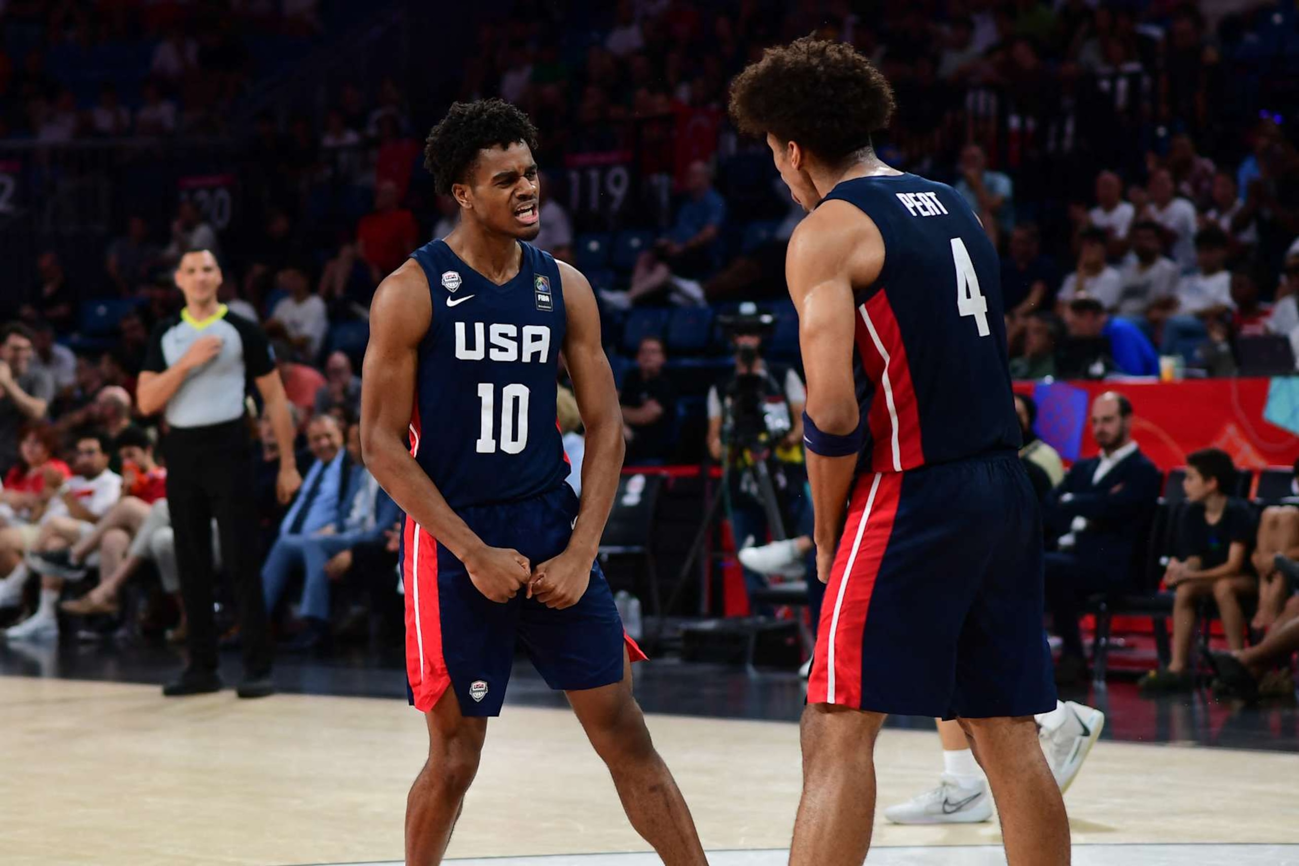 Jalen Haralson, #10 and Koa Peat, #4 of the United States of America (USA) in action during the FIBA U17 Basketball World Cup - Turkiye 2024 Final match between Italy and the United States of America (USA) at Sinan Erdem Dome in Istanbul, Turkey on July 7, 2024. (Photo by Altan Gocher / Hans Lucas / Hans Lucas via AFP) (Photo by ALTAN GOCHER/Hans Lucas/AFP via Getty Images)