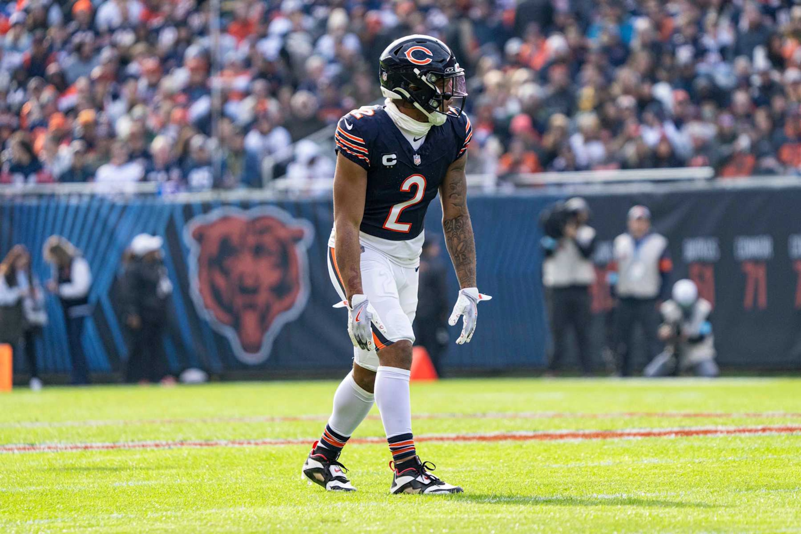 CHICAGO, IL - NOVEMBER 17: DJ Moore #2 of the Chicago Bears stands ready waiting for the snap during the game between the Green Bay Packers and the Chicago Bears at Soldier Field on November 17, 2024. (Photo by Ben Hsu/Icon Sportswire via Getty Images)