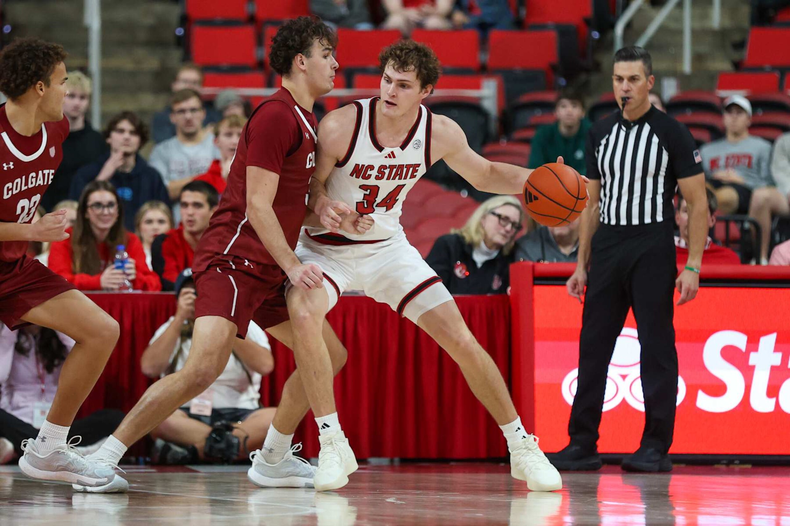 RALEIGH, NC - NOVEMBER 18: North Carolina State Wolfpack forward Ben Middlebrooks (34) presses to the interior during the college basketball game between the North Carolina State Wolfpack and the Colgate Raiders on November 18, 2024 at Lenovo Center in Raleigh, NC. (Photo by Nicholas Faulkner/Icon Sportswire via Getty Images) RALEIGH, NC - NOVEMBER 18: North Carolina State Wolfpack forward Ben Middlebrooks (34) presses to the interior during the college basketball game between the North Carolina State Wolfpack and the Colgate Raiders on November 18, 2024 at Lenovo Center in Raleigh, NC. (Photo by Nicholas Faulkner/Icon Sportswire via Getty Images)
