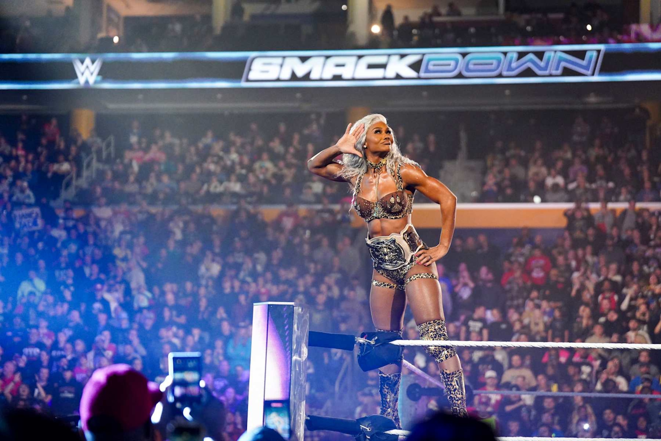 BUFFALO, NEW YORK - NOVEMBER 8: Jade Cargill poses on the ropes during Friday night Smackdown at KeyBank Center on November 8, 2024 in Buffalo, New York.  (Photo by WWE/Getty Images)