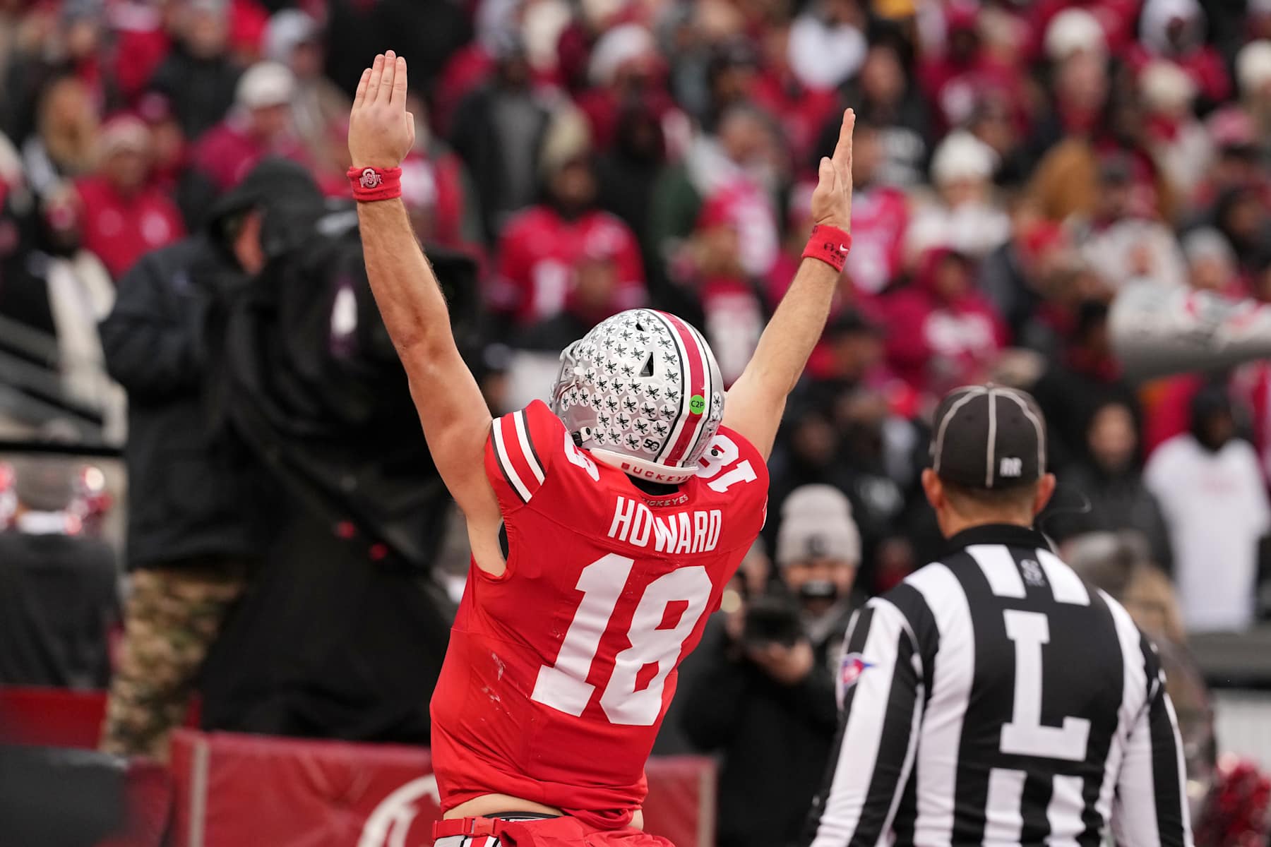 COLUMBUS, OHIO - NOVEMBER 23: Will Howard #18 of the Ohio State Buckeyes celebrates in the fourth quarter against the Indiana Hoosiers at Ohio Stadium on November 23, 2024 in Columbus, Ohio. (Photo by Jason Mowry/Getty Images)