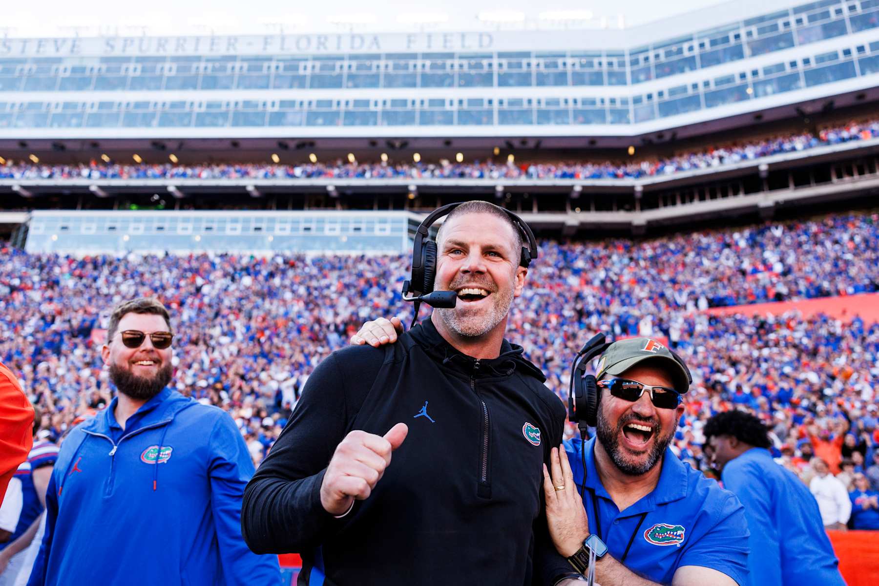 GAINESVILLE, FLORIDA - NOVEMBER 23: Head coach Billy Napier of the Florida Gators celebrates after defeating the Mississippi Rebels 24-17 in a game at Ben Hill Griffin Stadium on November 23, 2024 in Gainesville, Florida. (Photo by James Gilbert/Getty Images)