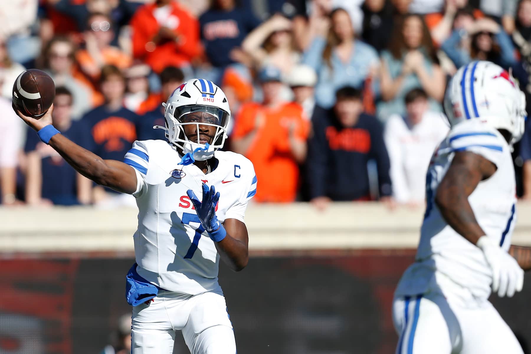 CHARLOTTESVILLE, VA - NOVEMBER 23: SMU Mustangs quarterback Kevin Jennings (7) throws a pass from the pocket during a college football game between the SMU Mustangs and the Virginia Cavaliers on November 23, 2024, at Scott Stadium in Charlottesville, VA. (Photo by Lee Coleman/Icon Sportswire via Getty Images)