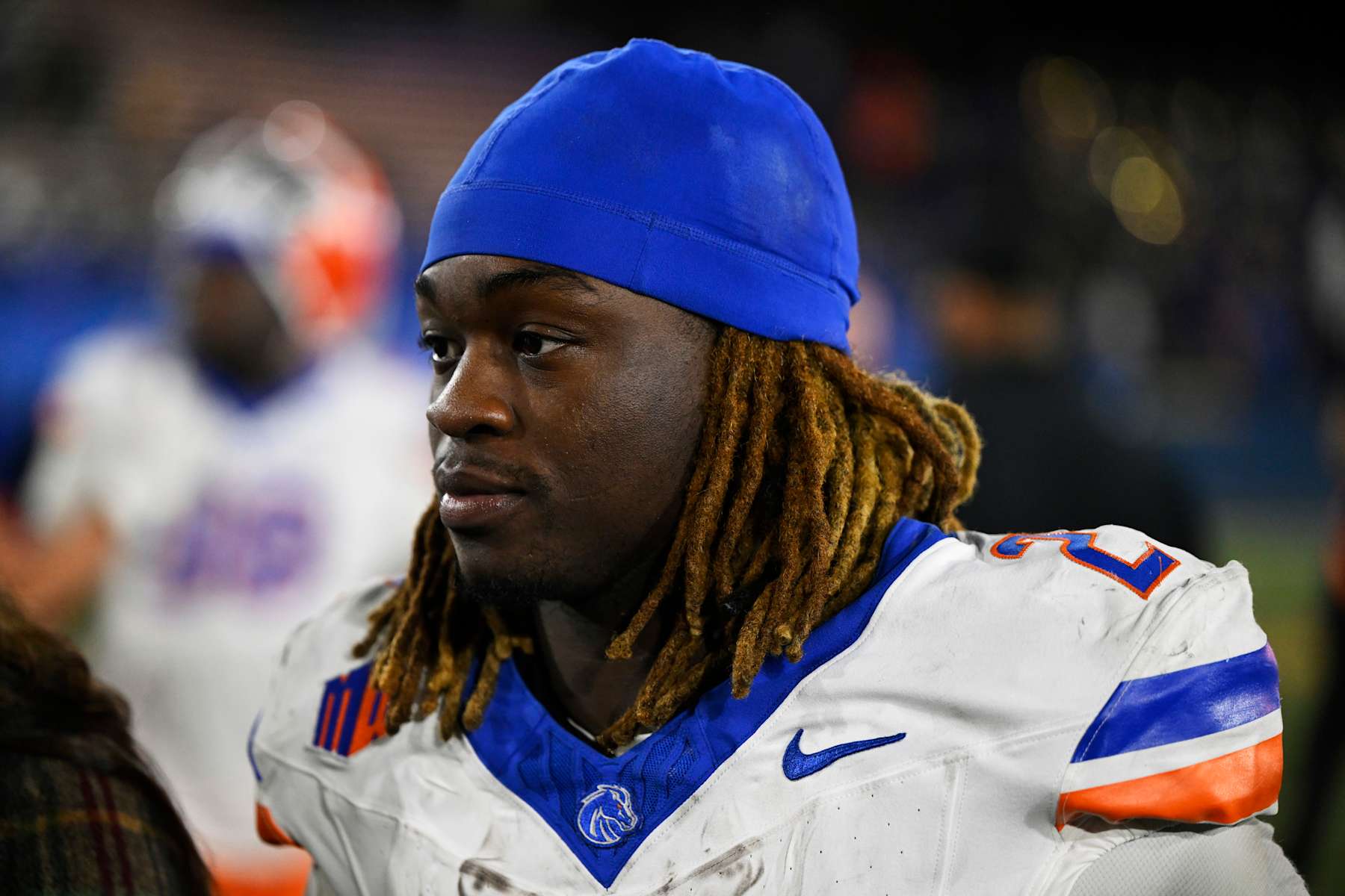 SAN JOSE, CALIFORNIA - NOVEMBER 16: Ashton Jeanty #2 of the Boise State Broncos looks on after their win over the San Jose State Spartans at CEFCU Stadium on November 16, 2024 in San Jose, California.  (Photo by Eakin Howard/Getty Images)