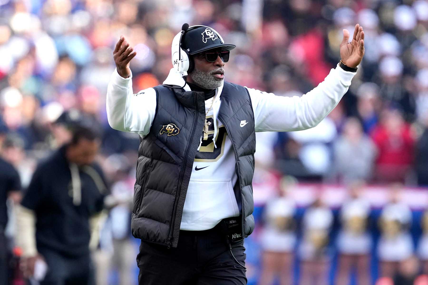 KANSAS CITY, MISSOURI - NOVEMBER 23: Head coach Deion Sanders of the Colorado Buffaloes gestures during a game against the Kansas Jayhawks in the first half at Arrowhead Stadium on November 23, 2024 in Kansas City, Missouri.  (Photo by Ed Zurga/Getty Images)