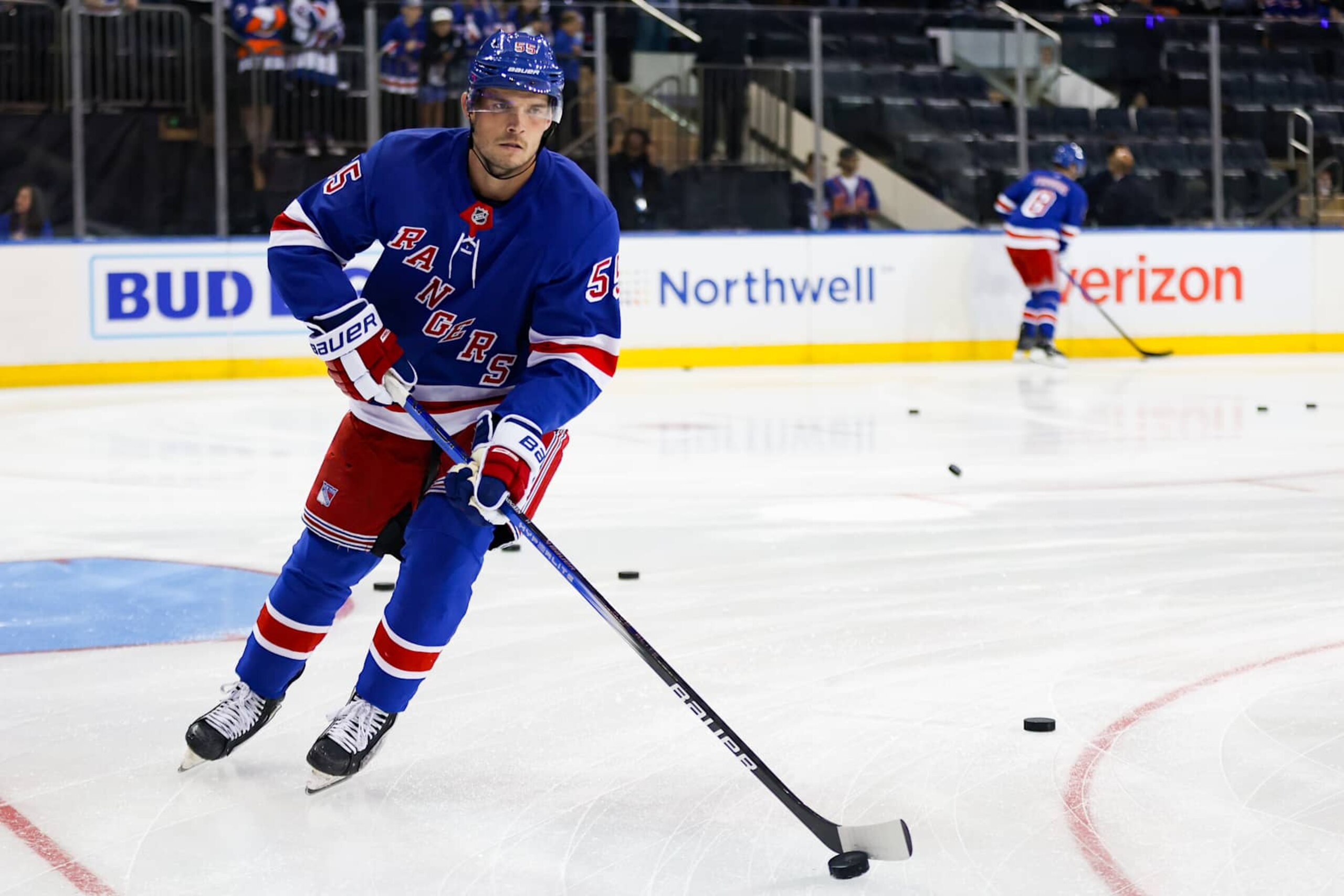 NEW YORK, NY - SEPTEMBER 24: New York Rangers Defenseman Ryan Lindgren (55) in action prior to the National Hockey League preseason game between the New York Islanders and the New York Rangers on September 24, 2024 at Madison Square Garden in New York, NY. (Photo by Joshua Sarner/Icon Sportswire via Getty Images)
