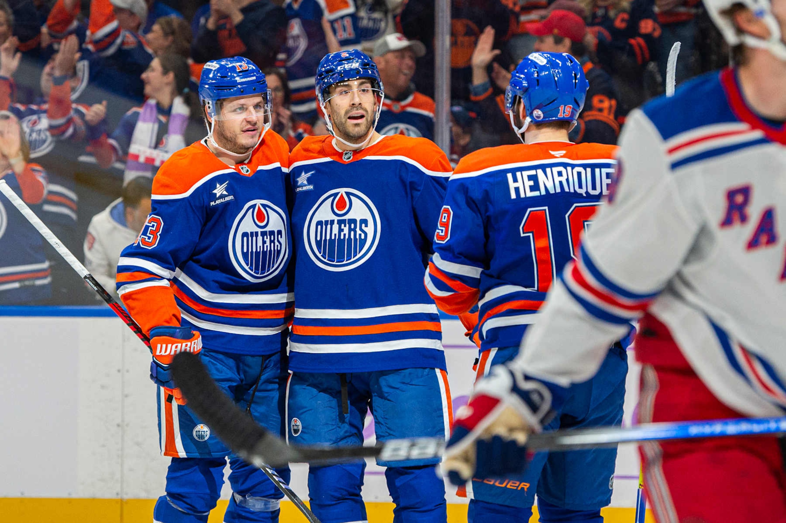 EDMONTON, ALBERTA - NOVEMBER 23: Evan Bouchard #2 of the Edmonton Oilers celebrates his goal against the New York Rangers at Rogers Place on November 23, 2024 in Edmonton, Alberta, Canada. (Photo by Paul Swanson/NHLI via Getty Images)