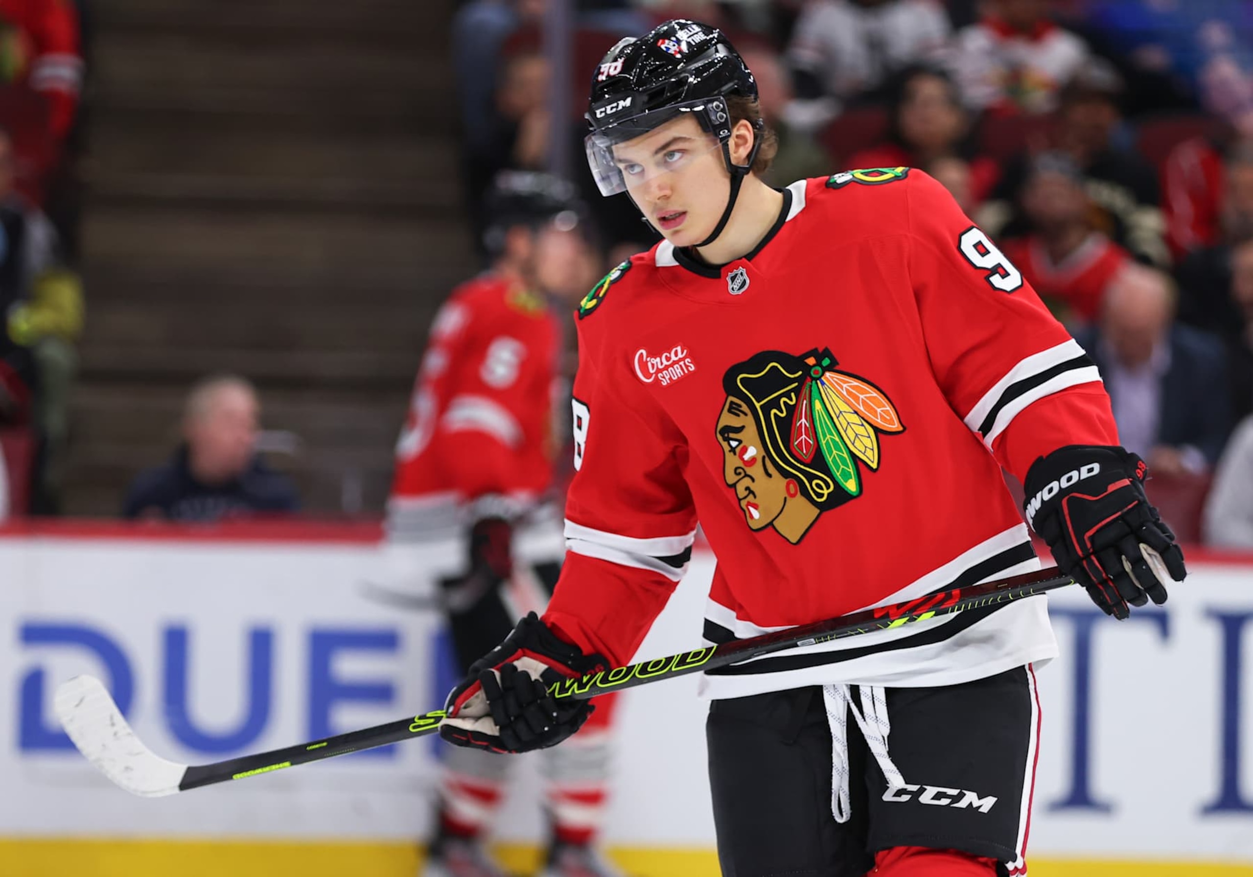 CHICAGO, IL - NOVEMBER 19: Connor Bedard #98 of the Chicago Blackhawks during the third period against the Anaheim Ducks on November, 19, 2024 at the United Center in Chicago, Illinois. (Photo by Melissa Tamez/Icon Sportswire via Getty Images)