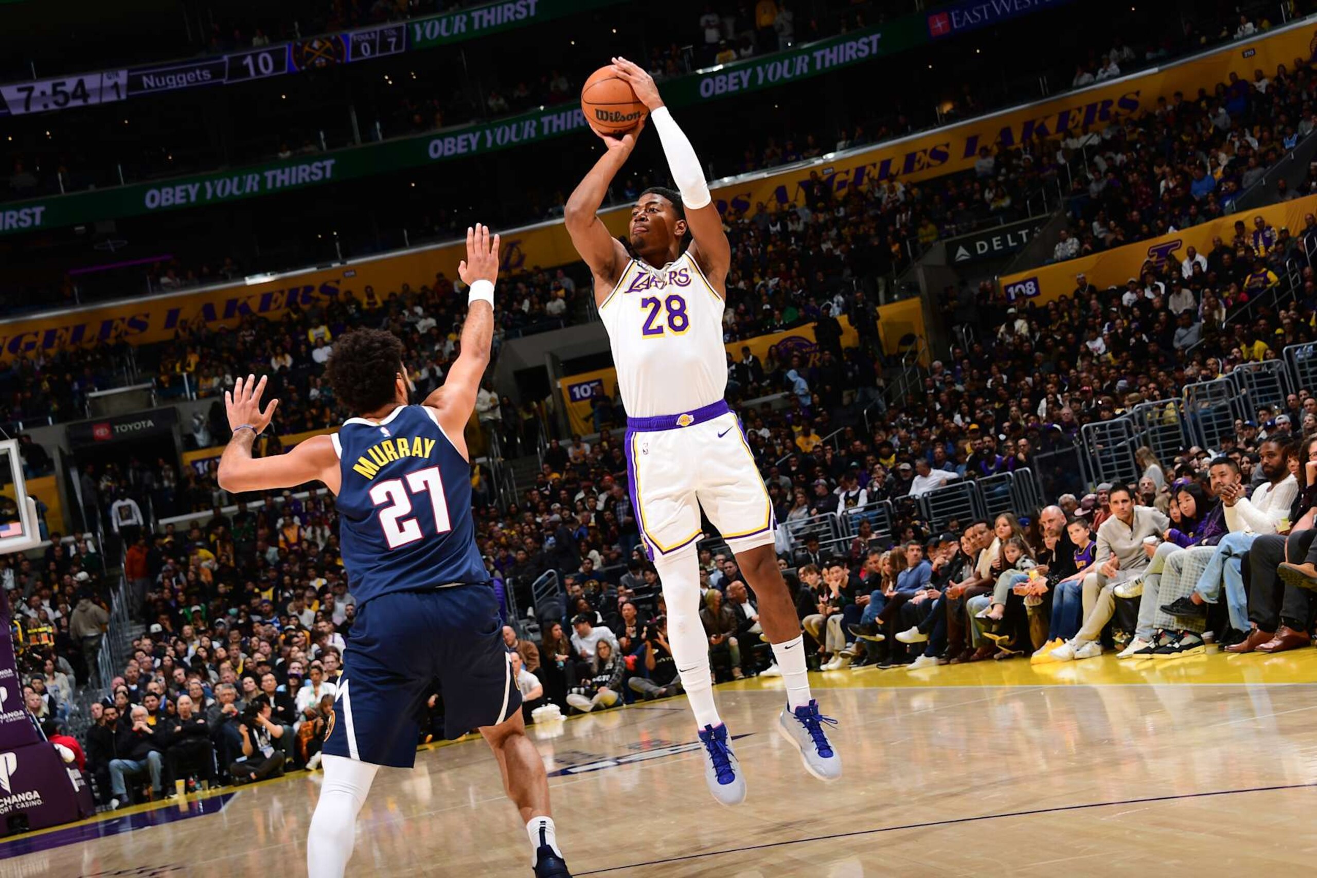 LOS ANGELES, CA - NOVEMBER 23: Rui Hachimura #28 of the Los Angeles Lakers shoots the ball during the game against the Denver Nuggets on November 23, 2024 at Crypto.Com Arena in Los Angeles, California. NOTE TO USER: User expressly acknowledges and agrees that, by downloading and/or using this Photograph, user is consenting to the terms and conditions of the Getty Images License Agreement. Mandatory Copyright Notice: Copyright 2024 NBAE (Photo by Adam Pantozzi/NBAE via Getty Images)