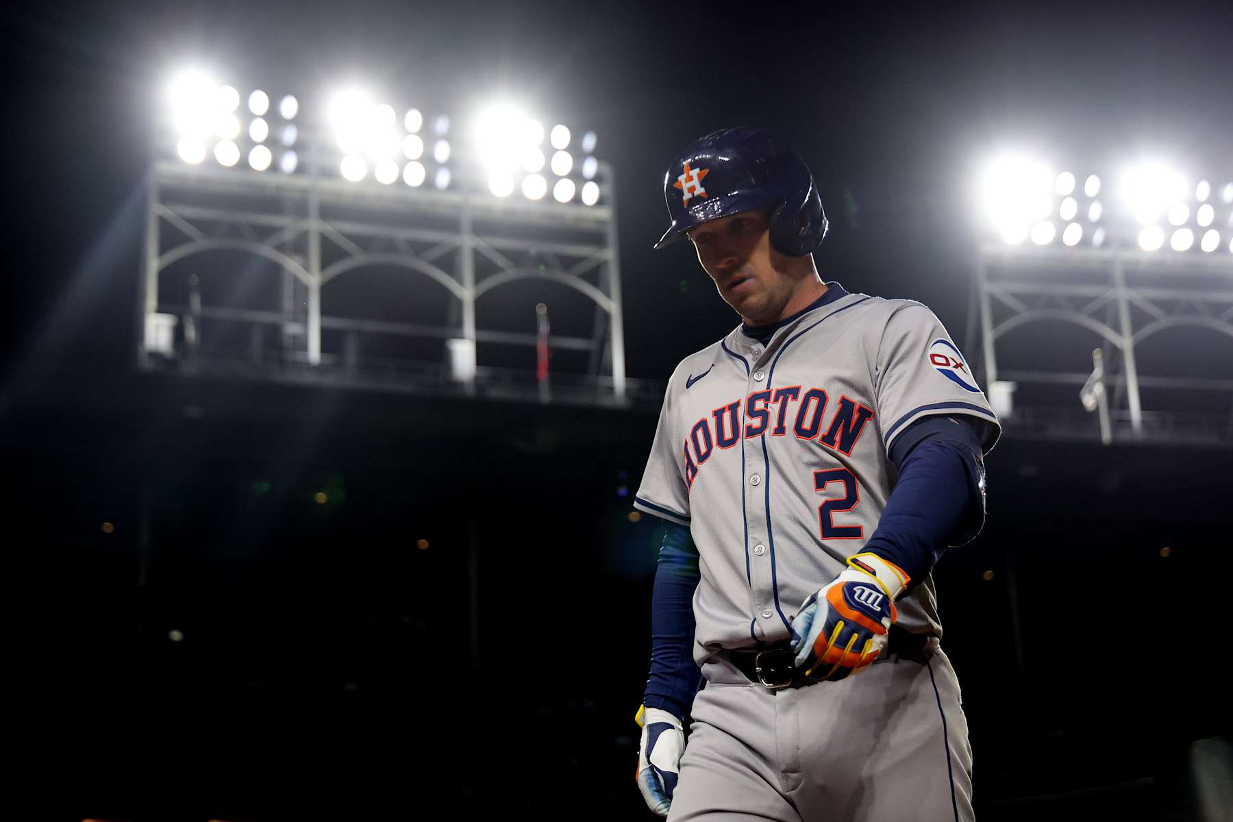 CHICAGO, ILLINOIS - APRIL 24: Alex Bregman #2 of the Houston Astros reacts against the Chicago Cubs during the seventh inning at Wrigley Field on April 24, 2024 in Chicago, Illinois. (Photo by Michael Reaves/Getty Images)