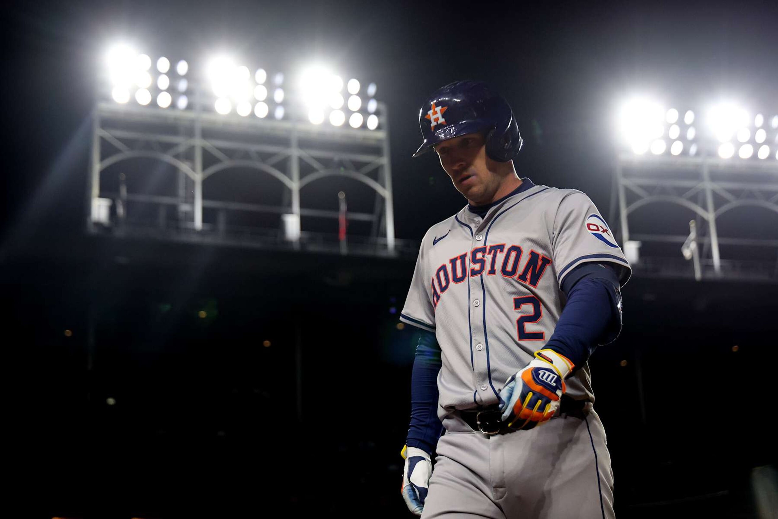 CHICAGO, ILLINOIS - APRIL 24: Alex Bregman #2 of the Houston Astros reacts against the Chicago Cubs during the seventh inning at Wrigley Field on April 24, 2024 in Chicago, Illinois. (Photo by Michael Reaves/Getty Images)