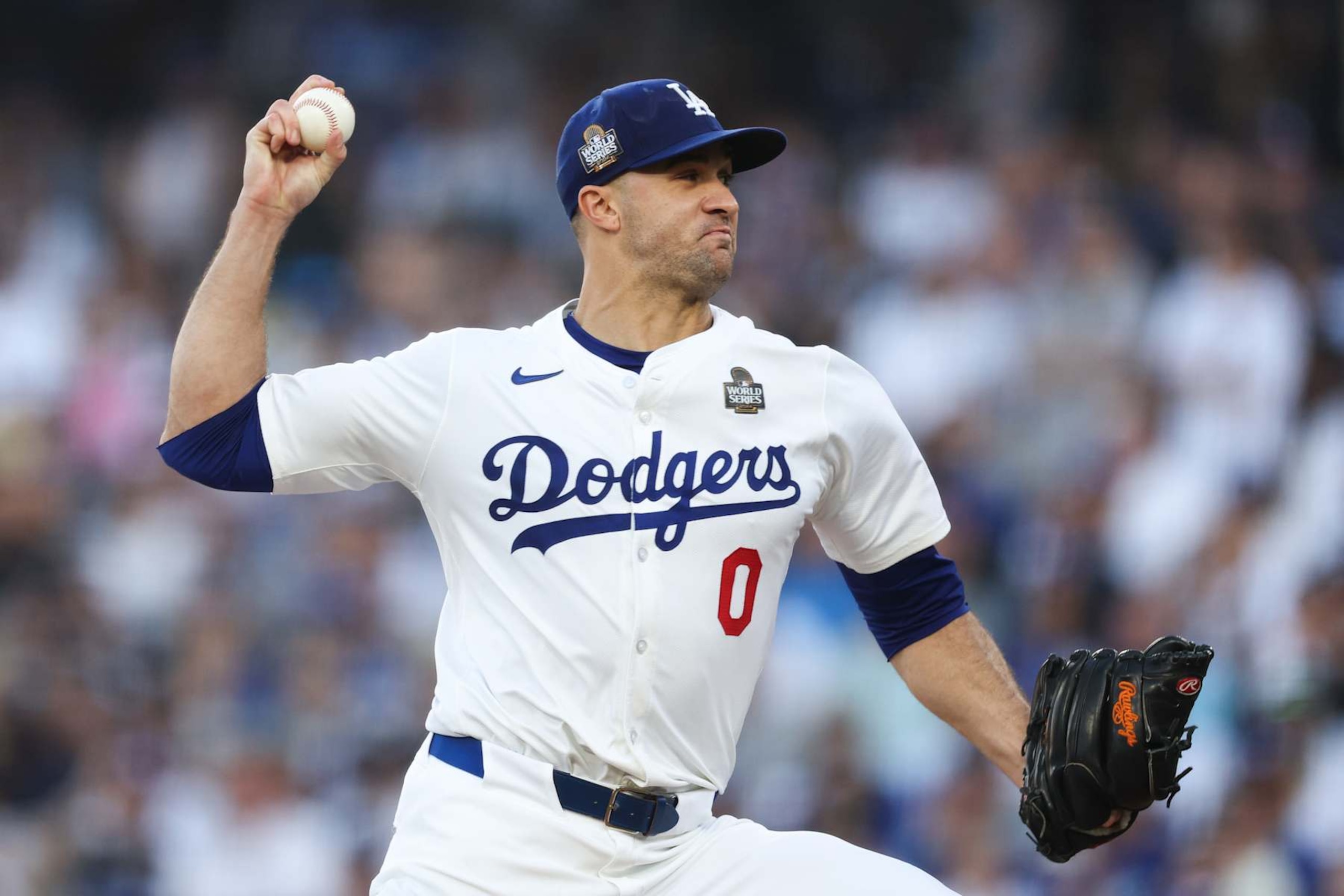 LOS ANGELES, CALIFORNIA - OCTOBER 25: Jack Flaherty #0 of the Los Angeles Dodgers pitches in the first inning against the New York Yankees during Game One of the 2024 World Series at Dodger Stadium on October 25, 2024 in Los Angeles, California. (Photo by Harry How/Getty Images)