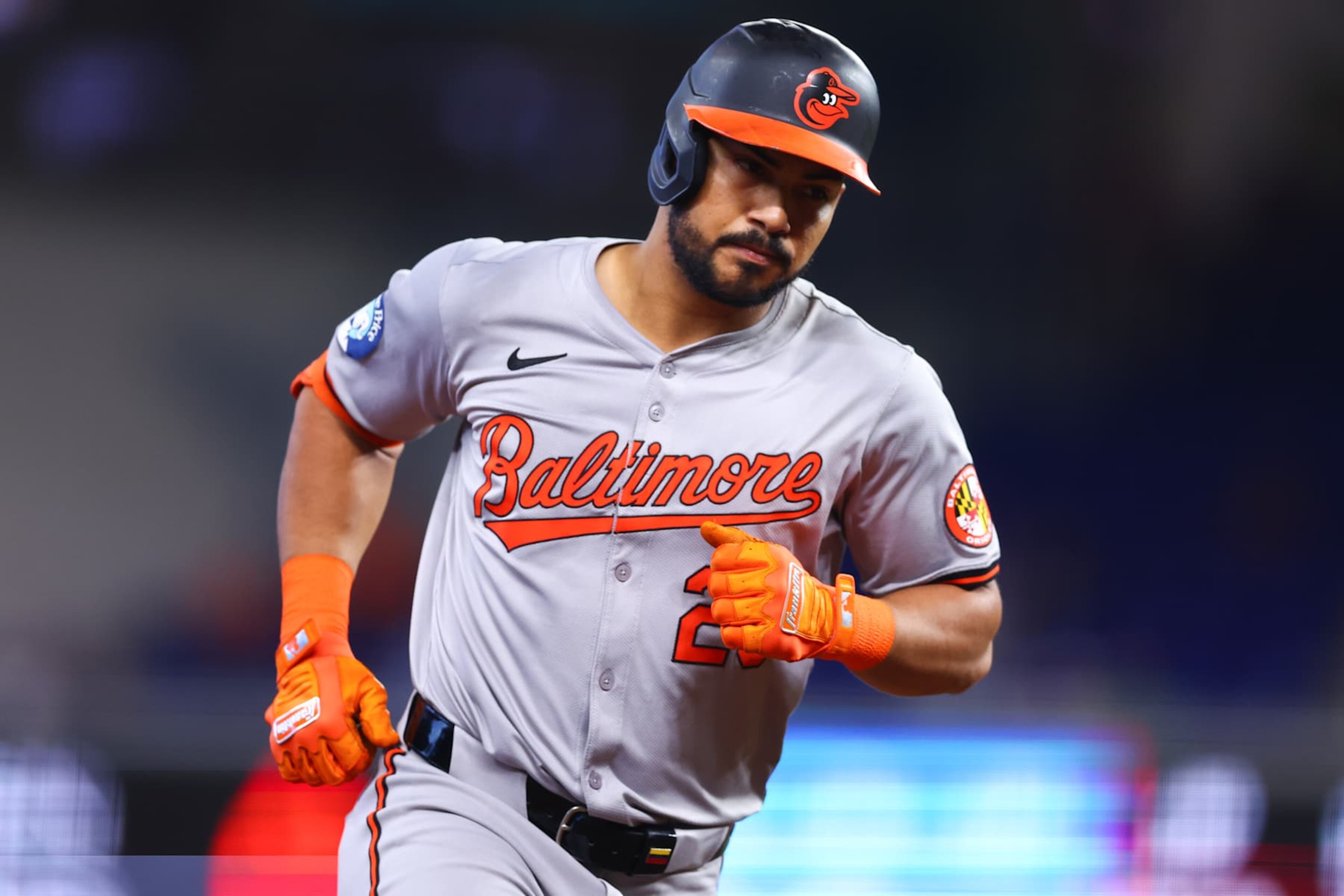 MIAMI, FLORIDA - JULY 25: Anthony Santander #25 of the Baltimore Orioles rounds the bases after hitting a home run against the Miami Marlins during the first inning of the game at loanDepot park on July 25, 2024 in Miami, Florida. (Photo by Megan Briggs/Getty Images)