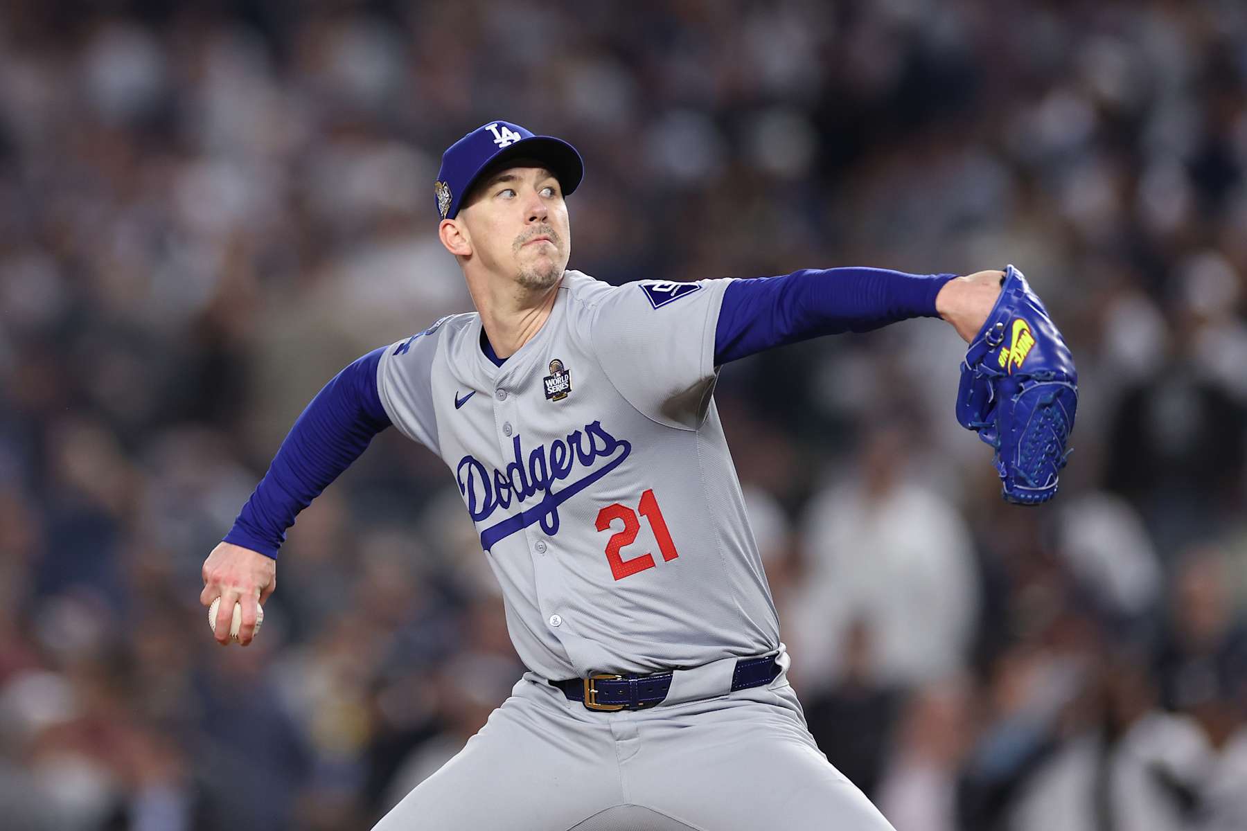 NEW YORK, NEW YORK - OCTOBER 30:  Walker Buehler #21 of the Los Angeles Dodgers pitches during the ninth inning of Game Five of the 2024 World Series against the New York Yankees at Yankee Stadium on October 30, 2024 in the Bronx borough of New York City. (Photo by Sarah Stier/Getty Images)