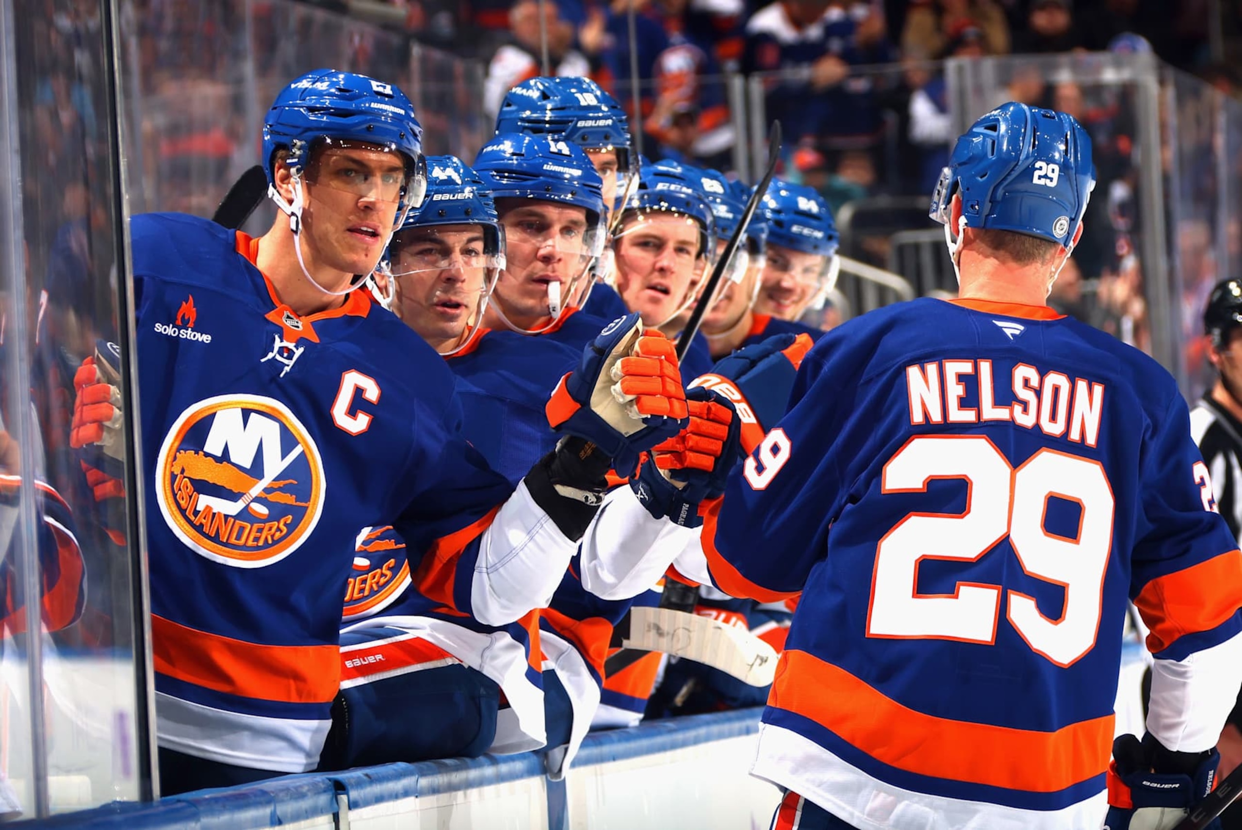 ELMONT, NEW YORK - NOVEMBER 23: Brock Nelson #29 of the New York Islanders celebrates his second period goal against the St. Louis Blues at UBS Arena on November 23, 2024 in Elmont, New York. (Photo by Bruce Bennett/Getty Images)