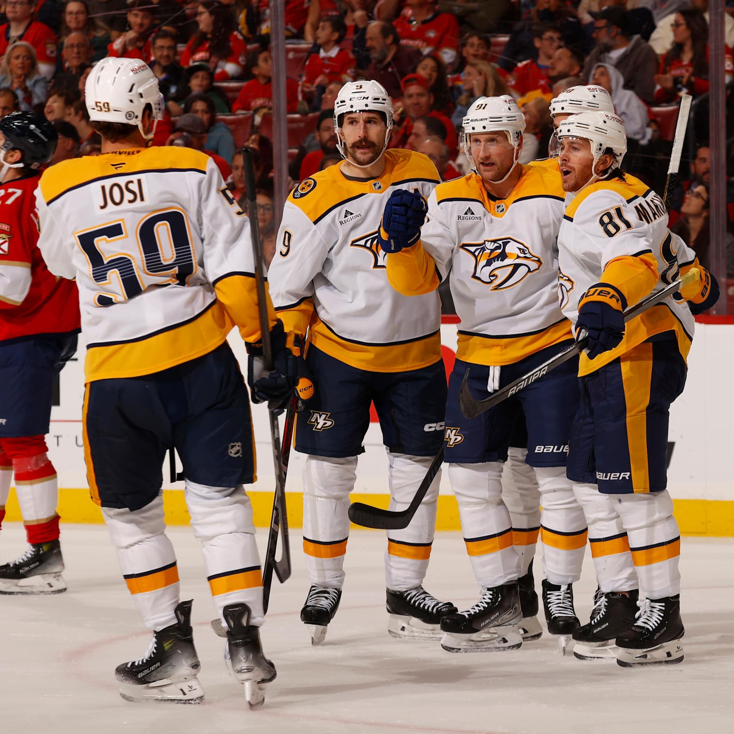 SUNRISE, FLORIDA - NOVEMBER 7: Steven Stamkos #91 of the Nashville Predators celebrates his goal with teammates during the second period against the Florida Panthers at the Amerant Bank Arena on November 7, 2024 in Sunrise, Florida. (Photo by Eliot J. Schechter/NHLI via Getty Images)