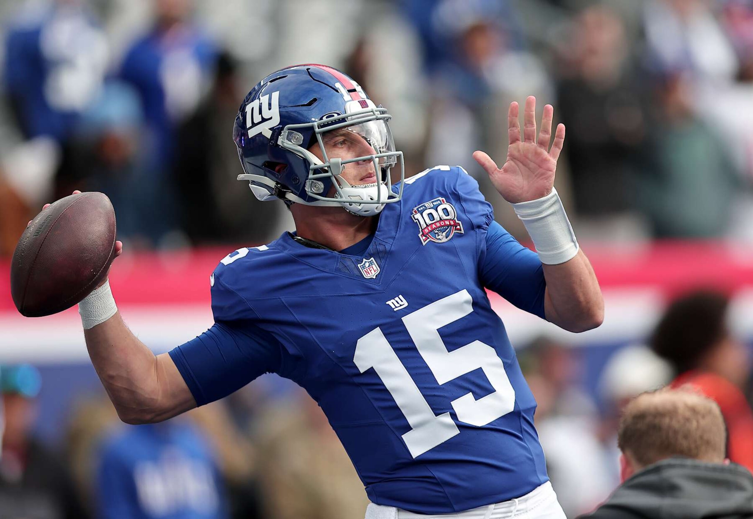 EAST RUTHERFORD, NEW JERSEY - NOVEMBER 24: Tommy DeVito #15 of the New York Giants warms up prior to the game against the Tampa Bay Buccaneers at MetLife Stadium on November 24, 2024 in East Rutherford, New Jersey. (Photo by Dustin Satloff/Getty Images) EAST RUTHERFORD, NEW JERSEY - NOVEMBER 24: Tommy DeVito #15 of the New York Giants warms up prior to the game against the Tampa Bay Buccaneers at MetLife Stadium on November 24, 2024 in East Rutherford, New Jersey. (Photo by Dustin Satloff/Getty Images)