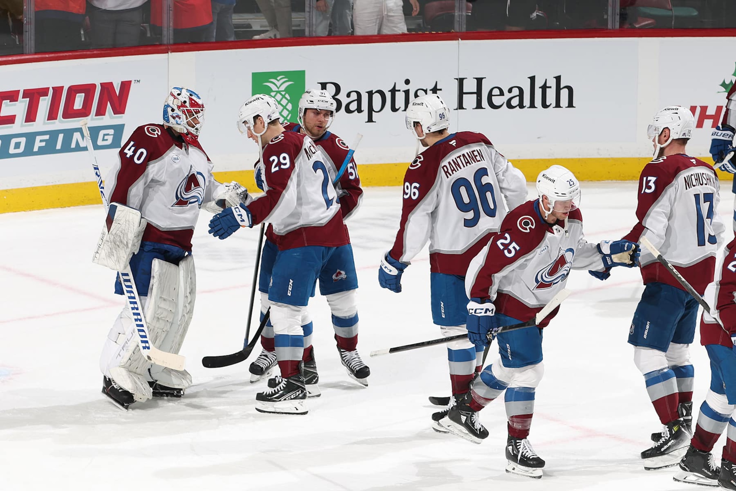 SUNRISE, FL - NOVEMBER 23: Goaltender Alexandar Georgiev #40 of the Colorado Avalanche celebrates the 7-4 win against the Florida Panthers with teammates at the Amerant Bank Arena on November 23, 2024 in Sunrise, Florida. (Photo by Joel Auerbach/Getty Images)