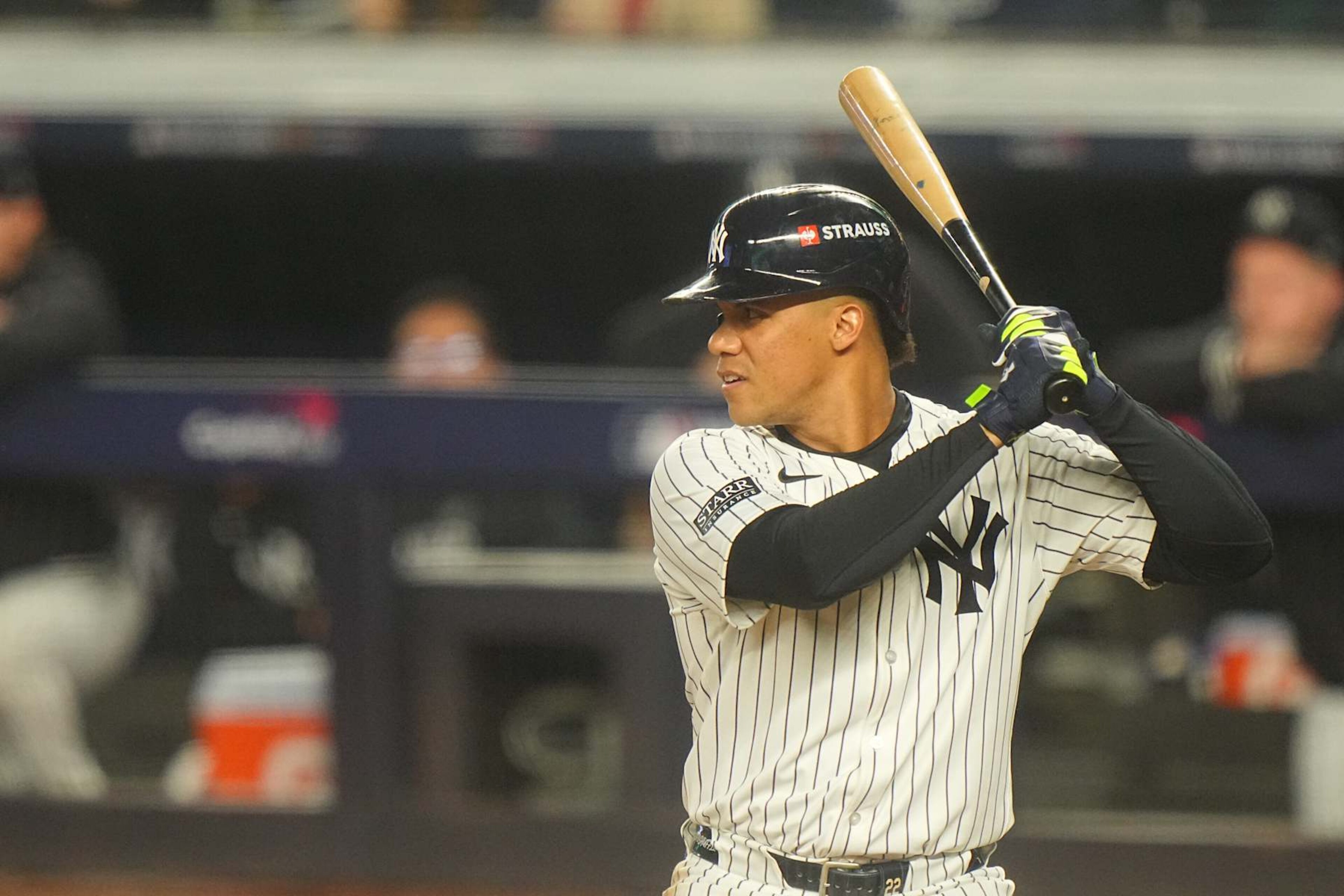 Baseball: World Series: New York Yankees Juan Soto (22) in action, at bat vs Los Angeles Dodgers at Yankee Stadium. Game 5. 
Bronx, NY 10/30/2024 
CREDIT: Erick W. Rasco (Photo by Erick W. Rasco/Sports Illustrated via Getty Images) 
(Set Number: X164636 TK1)