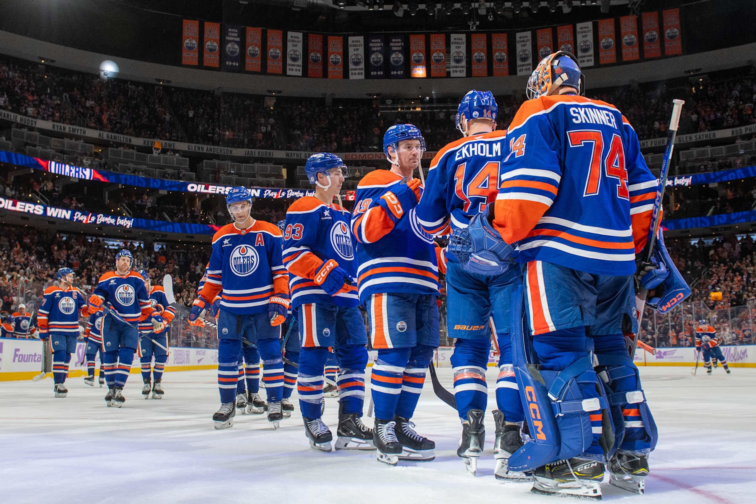 EDMONTON, CANADA - NOVEMBER 23: The Edmonton Oilers celebrate their win against the New York Rangers after the game at Rogers Place on November 23, 2024, in Edmonton, Alberta, Canada. (Photo by Andy Devlin/NHLI via Getty Images)