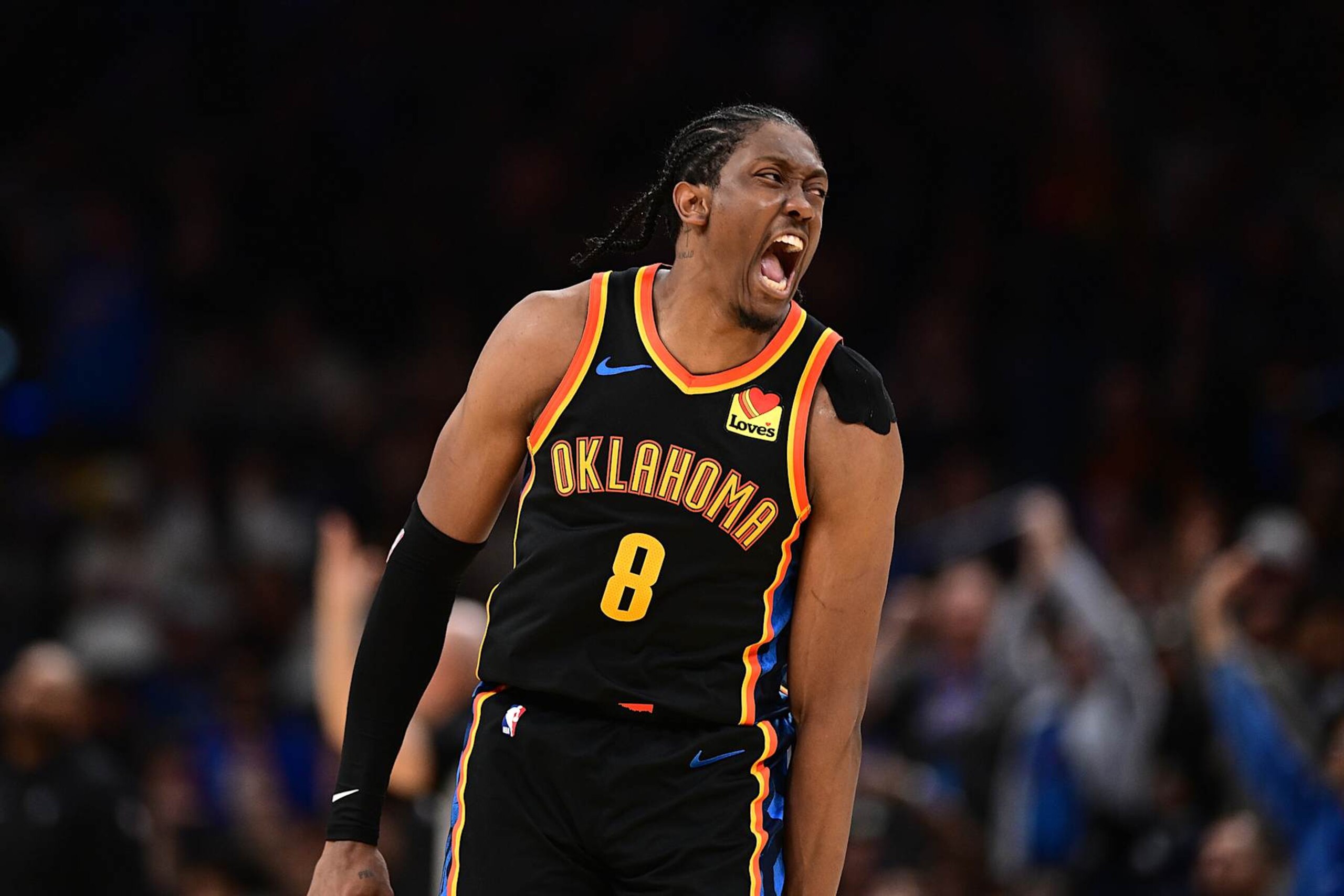 OKLAHOMA CITY, OKLAHOMA - NOVEMBER 17: Jalen Williams #8 of the Oklahoma City Thunder reacts after a big play during the second half against the Dallas Mavericks at Paycom Center on November 17, 2024 in Oklahoma City, Oklahoma. NOTE TO USER: User expressly acknowledges and agrees that, by downloading and or using this photograph, User is consenting to the terms and conditions of the Getty Images License Agreement. (Photo by Joshua Gateley/Getty Images)