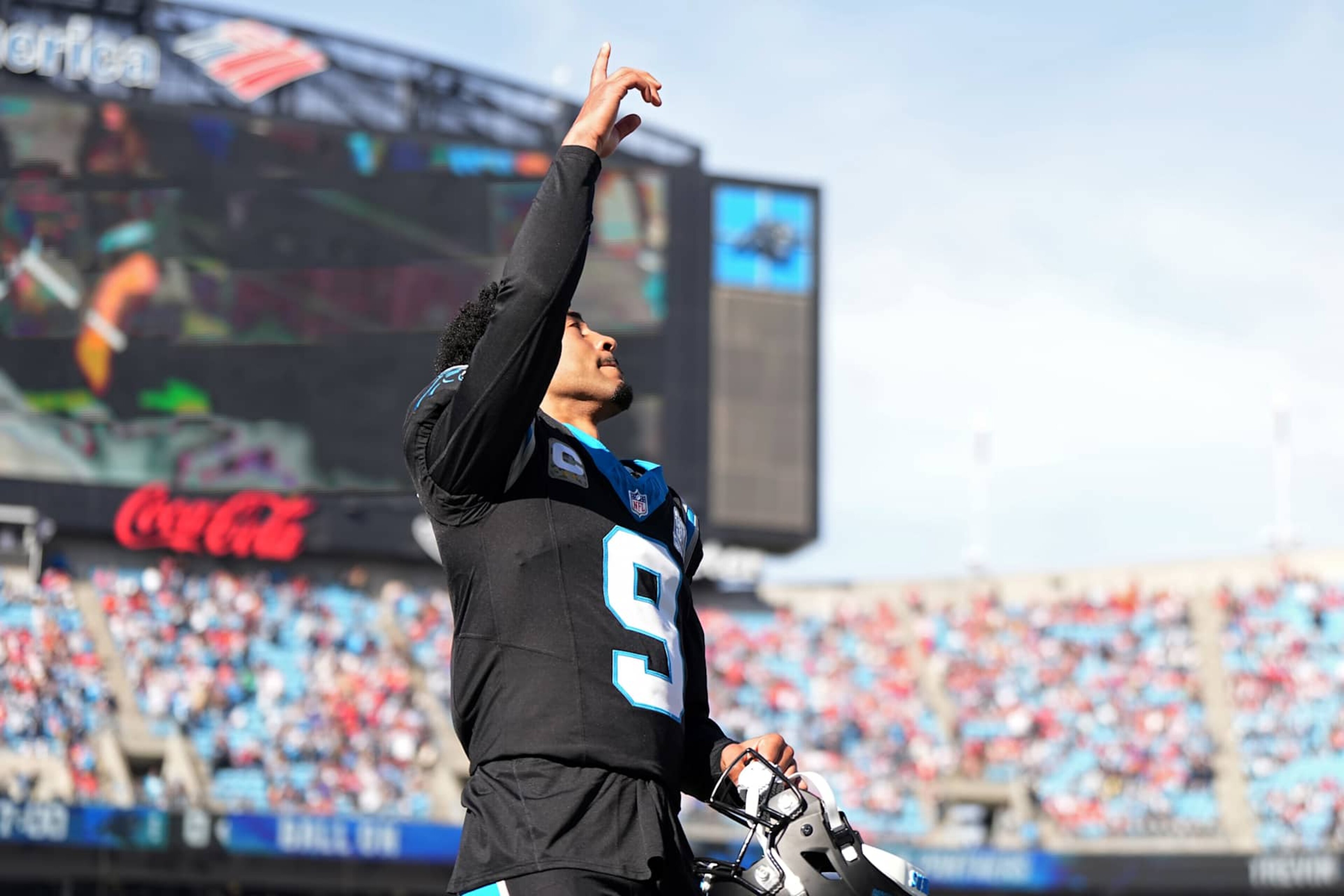 CHARLOTTE, NORTH CAROLINA - NOVEMBER 24: Quarterback Bryce Young #9 of the Carolina Panthers takes the field prior to a game against the Kansas City Chiefs at Bank of America Stadium on November 24, 2024 in Charlotte, North Carolina. (Photo by Matt Kelley/Getty Images) CHARLOTTE, NORTH CAROLINA - NOVEMBER 24: Quarterback Bryce Young #9 of the Carolina Panthers takes the field prior to a game against the Kansas City Chiefs at Bank of America Stadium on November 24, 2024 in Charlotte, North Carolina. (Photo by Matt Kelley/Getty Images)