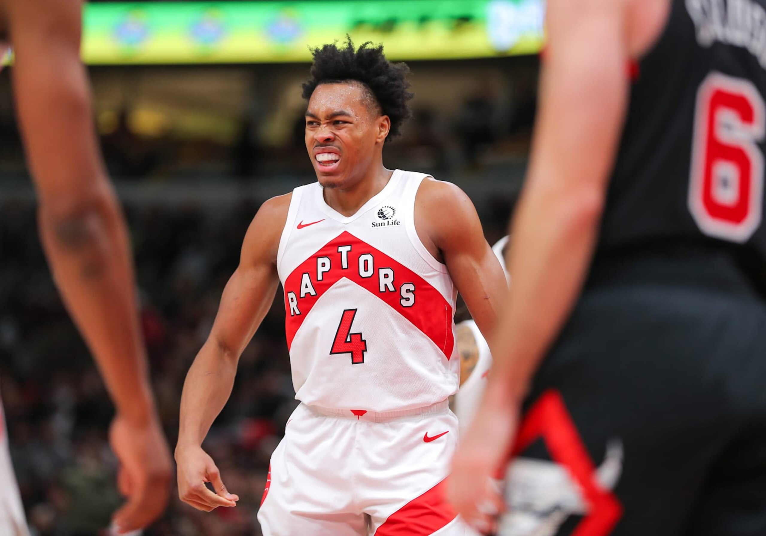 CHICAGO, IL - JANUARY 30: Scottie Barnes #4 of the Toronto Raptors reacts during the second half against the Chicago Bulls at the United Center on January 30, 2024 in Chicago, Illinois. (Photo by Melissa Tamez/Icon Sportswire via Getty Images)