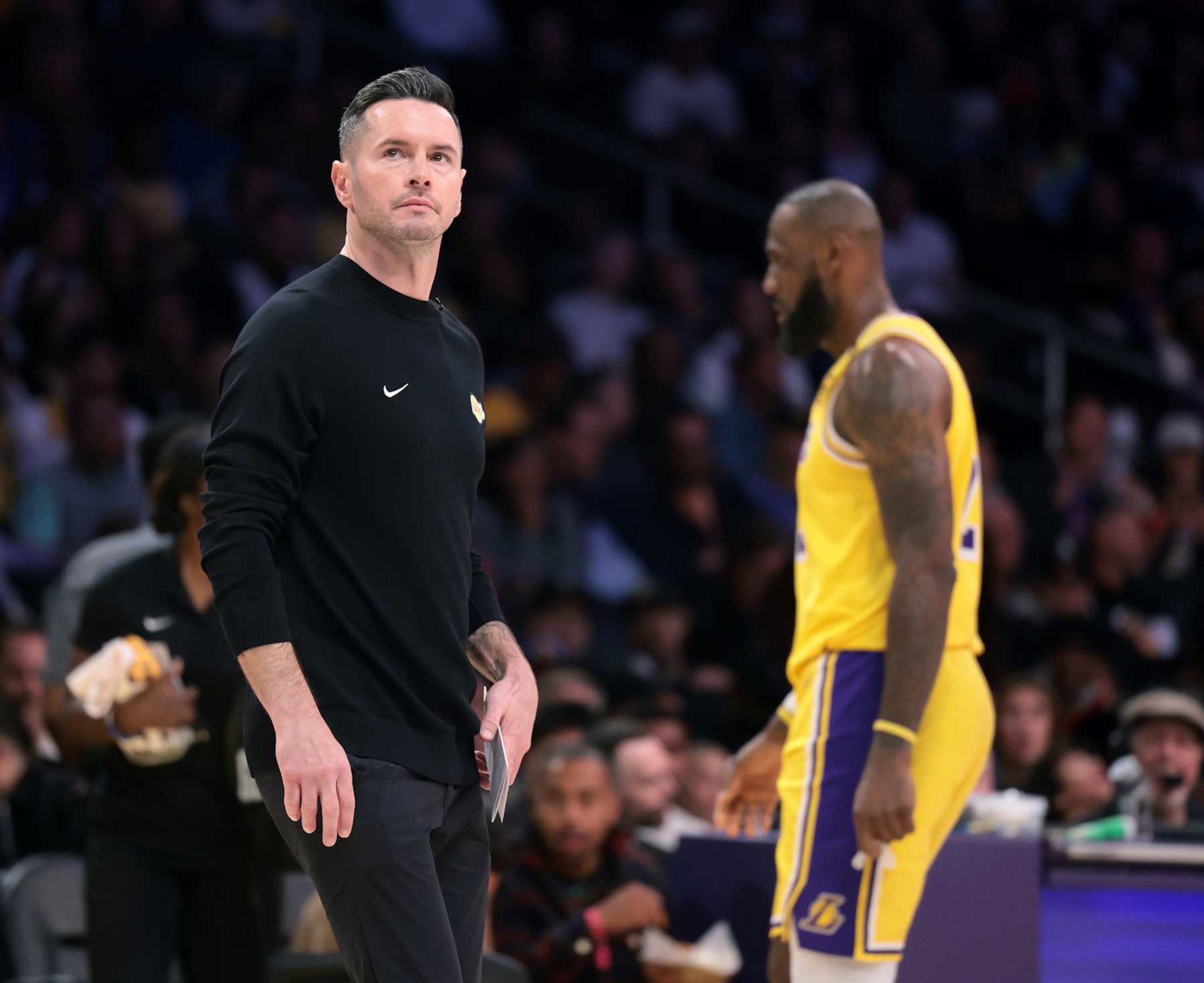 Los Angeles, California November 8, 2024-Lakers head coach JJ Redick takes a timeout during a game against the 76ers at Crypto.com Arena Friday. (Wally Skalij/Los Angeles Times via Getty Images)