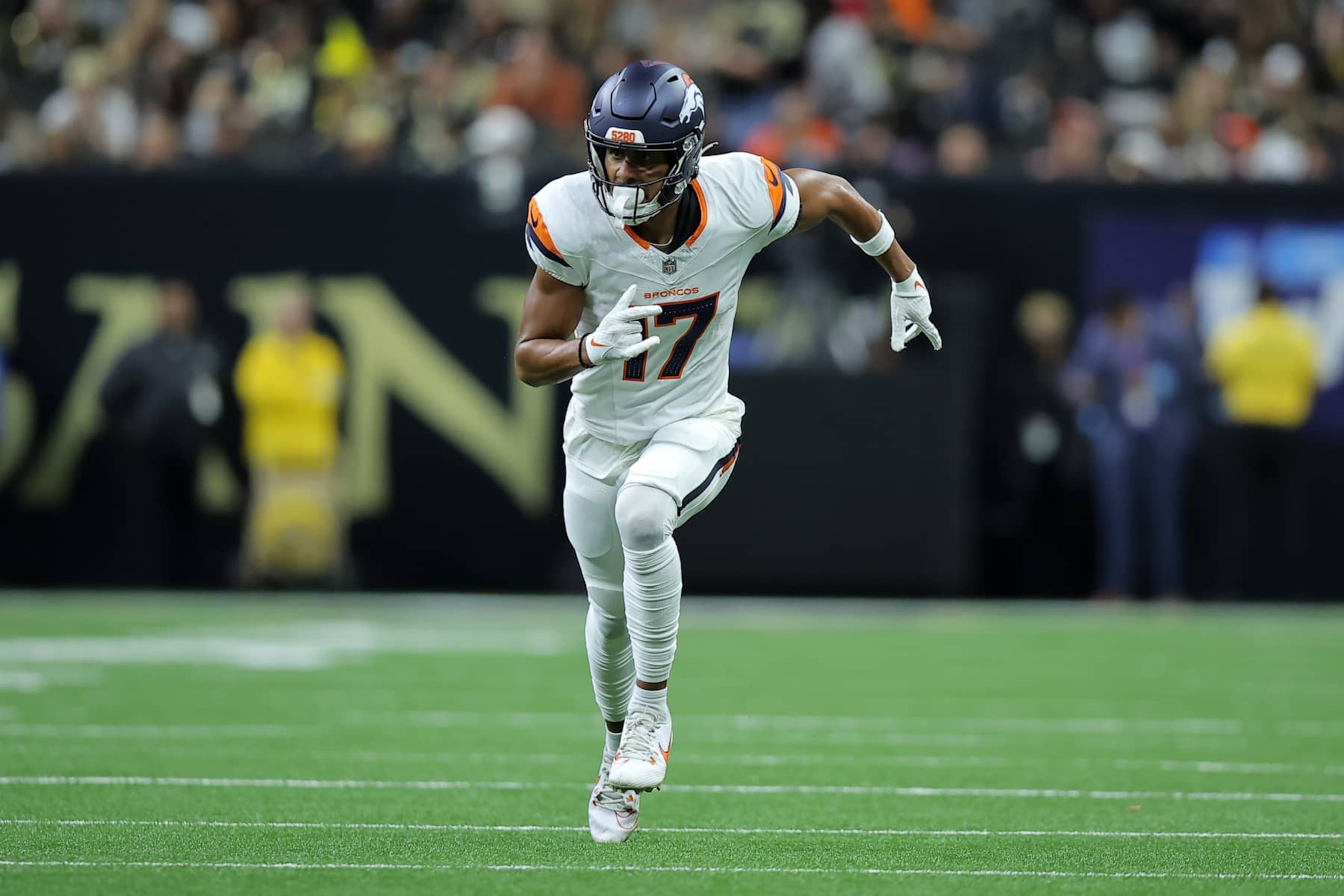 NEW ORLEANS, LOUISIANA - OCTOBER 17: Devaughn Vele #17 of the Denver Broncos in action against the New Orleans Saints during a game at Caesars Superdome on October 17, 2024 in New Orleans, Louisiana. (Photo by Jonathan Bachman/Getty Images)