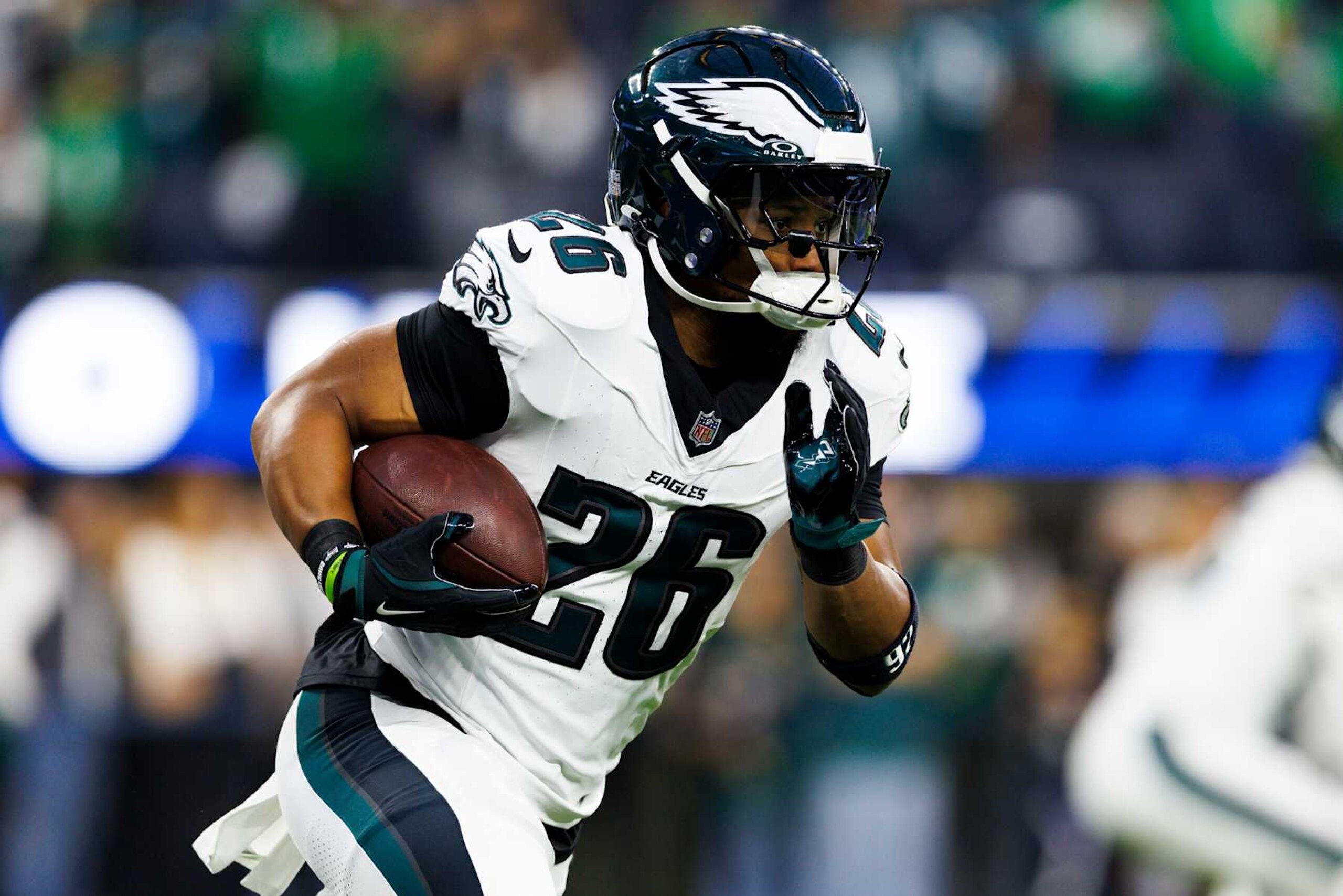 INGLEWOOD, CALIFORNIA - NOVEMBER 24: Saquon Barkley #26 of the Philadelphia Eagles runs with the ball before a game against the Los Angeles Rams at SoFi Stadium on November 24, 2024 in Inglewood, California. (Photo by Ric Tapia/Getty Images) INGLEWOOD, CALIFORNIA - NOVEMBER 24: Saquon Barkley #26 of the Philadelphia Eagles runs with the ball before a game against the Los Angeles Rams at SoFi Stadium on November 24, 2024 in Inglewood, California. (Photo by Ric Tapia/Getty Images)