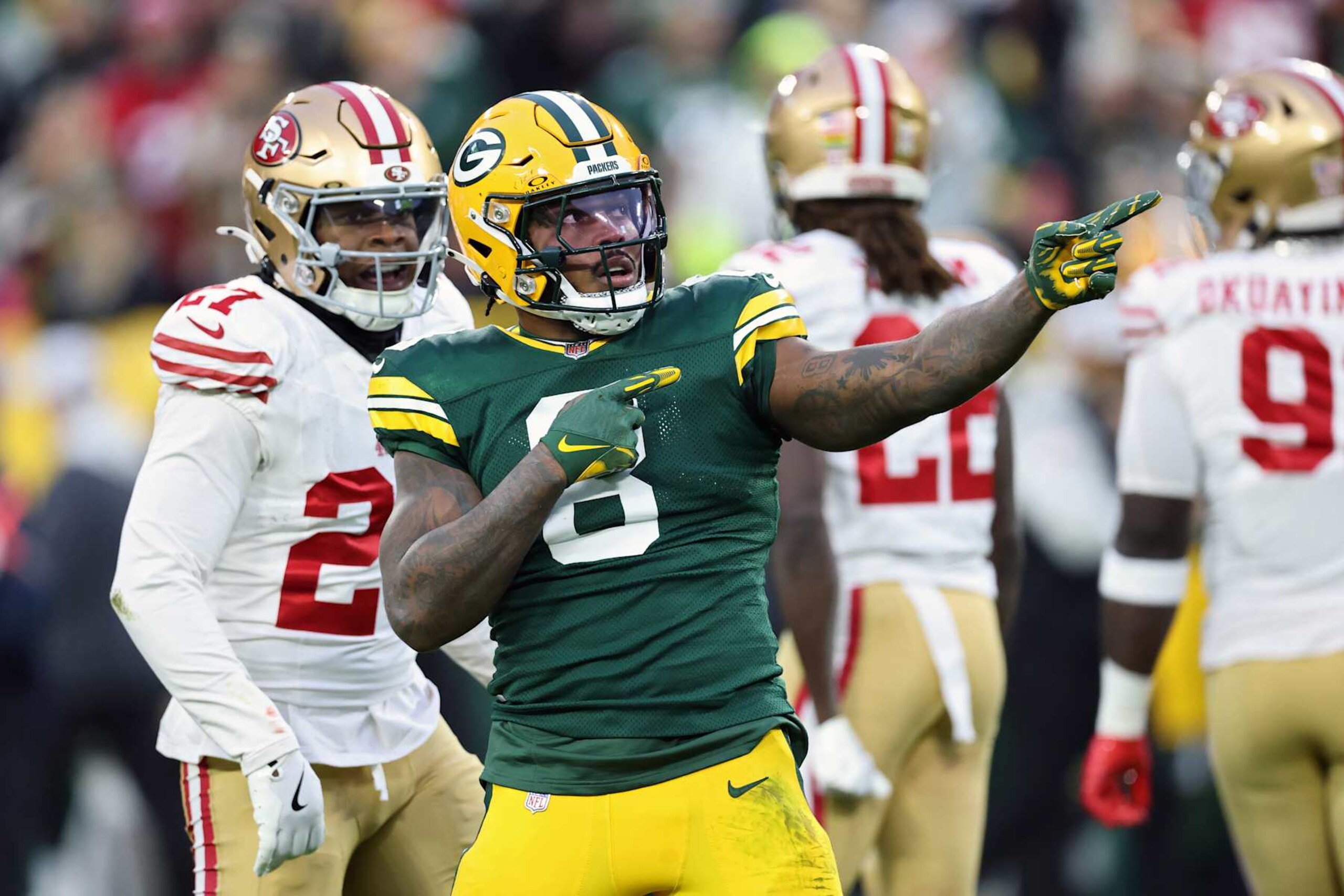GREEN BAY, WISCONSIN - NOVEMBER 24: Josh Jacobs #8 of the Green Bay Packers celebrates in the first quarter against the San Francisco 49ers at Lambeau Field on November 24, 2024 in Green Bay, Wisconsin. (Photo by Stacy Revere/Getty Images) GREEN BAY, WISCONSIN - NOVEMBER 24: Josh Jacobs #8 of the Green Bay Packers celebrates in the first quarter against the San Francisco 49ers at Lambeau Field on November 24, 2024 in Green Bay, Wisconsin. (Photo by Stacy Revere/Getty Images)