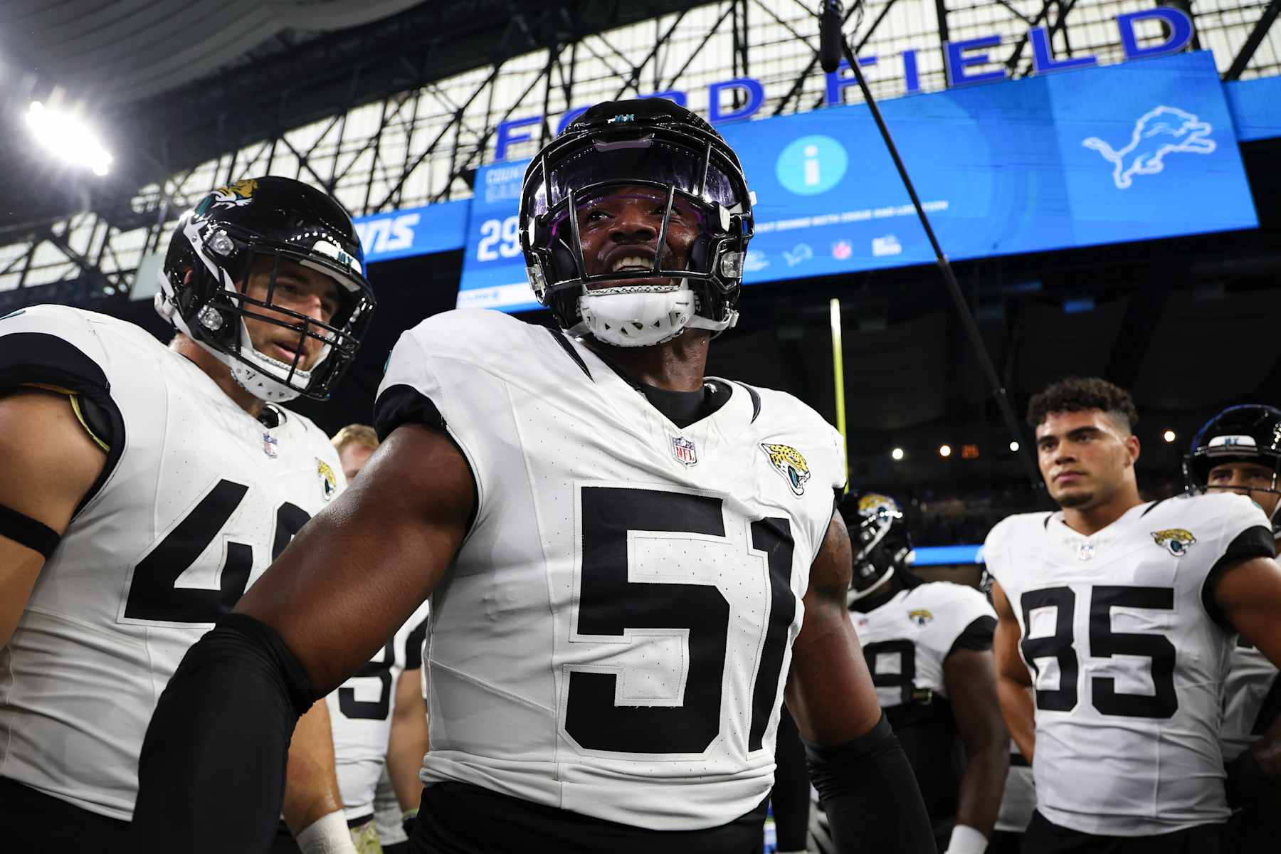 DETROIT, MICHIGAN - NOVEMBER 17: Ventrell Miller #51 of the Jacksonville Jaguars leads a huddle prior to a game against the Detroit Lions at Ford Field on November 17, 2024 in Detroit, Michigan. The Lions defeated the Jaguars 52-6. (Kara Durrette/Getty Images)
