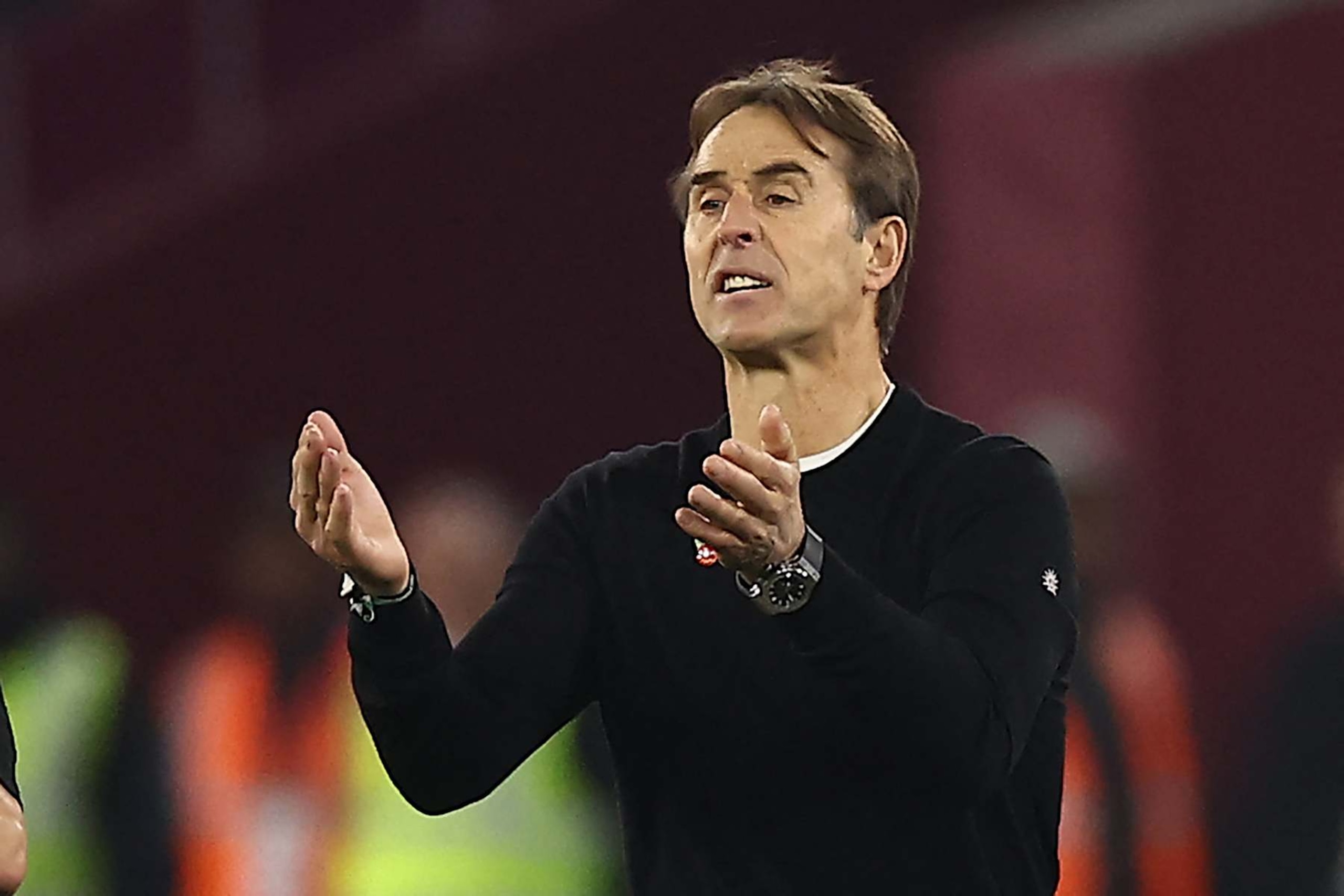 West Ham United's Spanish manager Julen Lopetegui gestures on the touchline during the English Premier League football match between West Ham United and Everton at the London Stadium, in London on November 9, 2024. (Photo by HENRY NICHOLLS / AFP) / RESTRICTED TO EDITORIAL USE. No use with unauthorized audio, video, data, fixture lists, club/league logos or 'live' services. Online in-match use limited to 120 images. An additional 40 images may be used in extra time. No video emulation. Social media in-match use limited to 120 images. An additional 40 images may be used in extra time. No use in betting publications, games or single club/league/player publications. /  (Photo by HENRY NICHOLLS/AFP via Getty Images)