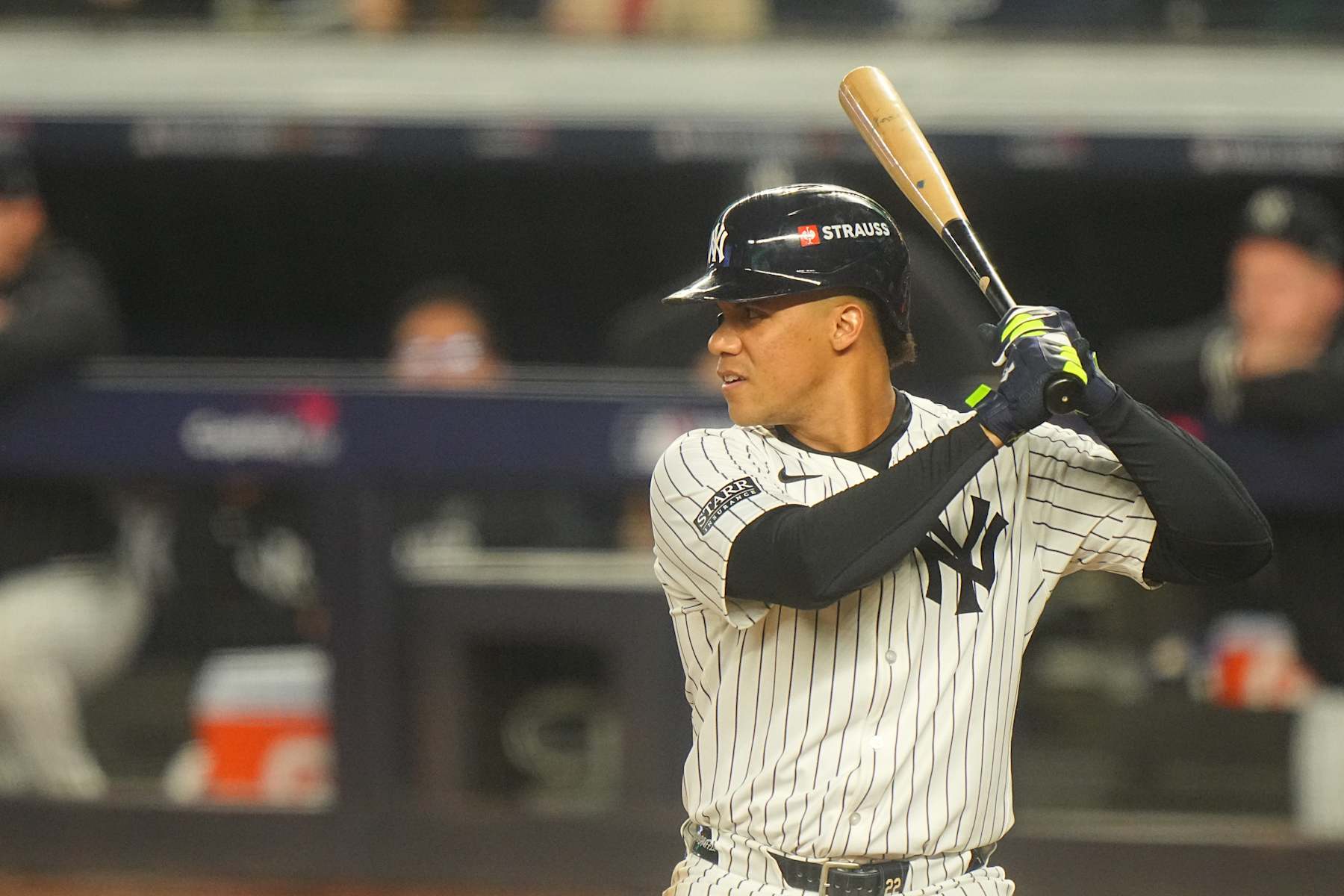 Baseball: World Series: New York Yankees Juan Soto (22) in action, at bat vs Los Angeles Dodgers at Yankee Stadium. Game 5. 
Bronx, NY 10/30/2024 
CREDIT: Erick W. Rasco (Photo by Erick W. Rasco/Sports Illustrated via Getty Images) 
(Set Number: X164636 TK1)